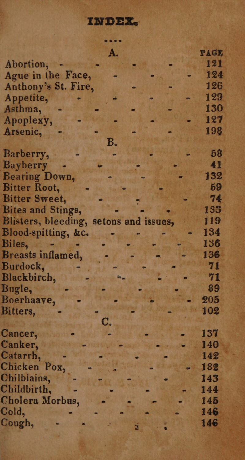 pics ae Rayer (yr) INDEX. A PAGE Abortion, - - A: - | ky Ague in the Face, ° - - 324 . Anthony’s 8t. Fire, - - 126. Appetite, - _ ~ | ie a ee Asthma, - ° - - 130° ‘Apoplexy, - - > - 127 Arsenic, - ° - = et Fae Barberry, -e - - - Bayberry - - = Bearing Down, ° - i Msled Bitter Root, — - (inane Bitter Sweet, 2 ~ e Bites and Stings, _ - Vee Blisters, bleeding, setons and sue ay Blood- spitting, kc. = = iles, - < f a. = Breasts Sailawed, = fn ea eee Burdock, SOL b, a ar tee a et Blackbirch, - me < Bugle, é ‘ » $ Boerhaave, - <td> pS eR Bitters, - °  a Cancer, - z erie Cte Canker, he ue = Bs titinidc Catarrh, = - re - 3 Chicken Pox, ase orks . =e Chilbiains, — - - * _ Childbirth, - - “3 ‘ Cholera Morbus, - ee Cold, - : = % > Cough, - . : uss