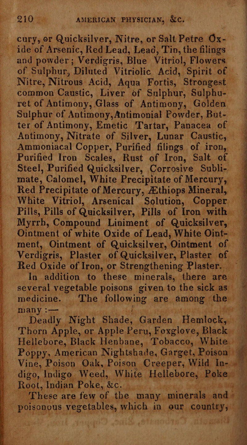 cary, or Quicksilver, Nitre, or Salt Petre Gx. ide of Arsenic, Red Lead, Lead, Tin, the filings and powder; Verdigris, Blue Vitriol, Flowers. of Sulphur, Diluted Vitriolic Acid, Spirit of - Nitre, Nitrous Acid, Aqua Fortis, Strongest — common Caustic, Liver of Sulphur, Sulphu- ret of Antimony, Glass of Antimony, Golden _ Sulphur of Antimony, Antimonial Powder, But- ter of Antimony, Emetic Tartar, Panacea of Antimony, Nitrate of Silver, Lunar Caustic, -@ Ammoniacal Copper, Purified filings of iron, — | Purified Iron Scales, Rust of Iron, Salt of Steel, Purified Quicksilver, Corrosive Subli- mate, Calomel, White Precipitate of Mercury, Red Precipitate of Mercury, A:thiops Mineral, White Vitriol, Arsenical Solution, Cormeen Pills, Pills of Quicksilver, Pills of Iron with ~ Myrrh, Compound Liniment of Quicksilver, oe Ointment of white Oxide of Lead, White Oint- — : ment, Ointment of Quicksilver, Ointment of 4 Verdigris, Plaster of Quicksilver, Plaster hp ig: a Red Oxide of Iron, or Strengthening Plaster... In addition to these ‘minerals, there are: several vegetable poisons given to the sick as 4 medicine. The Pome are. emanen a many :— Deadly. Night Shade, Garden. i nalick ca Thorn Apple, or Apple Peru, Foxglove, Black. Hellebore, Black Henbane, Tobacco, White Poppy, American Nightshade, Garget, Poison — Vine, Poison Oak, Poison Creeper, Wild In-.. digo, Indigo. Weed, White Hellebore, Poke. Root, Indian. Poke, yess ae : These are few of the many. minerals. hous , poisonous vegetables, which in our SOUEERY # . ee ee ae ee a