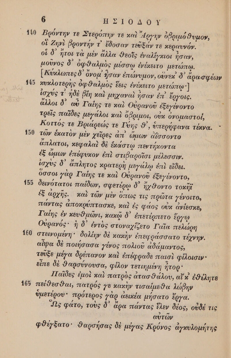 110 145 155 180 105 6 ασἹτονον , | 5 3 β΄ Ἄροντην τε Στερόπην τε καὶ 4ργην ὀβριμόθυμο», ο ον / 3) ων. / , οἱ Ζηνὺὸ βροντην τ᾽ ἔδοσαν τεῦξαν τε κθραυνόν. ο ο 9 4 1 35/ ὸ 9) Μ 5 οἳ ὃ ἤτοι τὰ μὲν ἄλλα «Φεοῖς εναλίγκιοι σαν, Φ 9 ἡ , Ρ µουνος ὃ ὀφθαλμὸς µέσσῳ ἐνέκειτο μετώπῳ. / 9» 93 3 φρ ) 3 » 5! ῃ [Ἀύκλωπες ὃ ονοµ {σαν ἔπωνυμον, ούνεκ δ᾽ ἄρασφέων ’ 5 : : , «υκλοτερης ὀφθαλμὸς ἔεις ἐνέκειτο μετώπῳ:] / 99 ἡ Β ο ἰσχύς τ’ ἠδὲ βίη καὶ μηχαναὶ ήσαν ἐπὶ ἔργοις. 3 3 κ 9 ώ ῃ ἆλλοι ὃ αὖ Ταΐης τε καὺ Ουρανου ἐξεγένοντο ς ο 5Η 92 2 τρεῖς παῖδες μεγάλοι καὶ οῤριμοι, οὐκ ὀνομαστοέ, ιά ) ς [ή Άοττος τε Βριάρεώς τε Τύης 9”, υπερηφανα τέκνα. - π 5 δρ ο Ἐν γα. των ἑκατὸν μὲν χεῖρες ὧπ ὠμων αἴσσοντο 5ι ς ͵ απλατοι, κθφαλαὶ δὲ ἔκάστῳ πεντήκοντα ώ 5! ο» / ἐξ ὤμων ἐπέφυκον ἐπὶ στιβαροϊῖσι µέλεσσιψ. 3 ἡἱ δ᾽ 3/ λ ἃ 4, }ὸ Ἂ 16. έσχυς ὃ ἄπλητος κρατερὴ µεγάλῳ ἐπὺ εἴδει. ε/ 4 γ Ν 3 - Εγω [ά οσσοι γαρ Γαζῃς τε καὶ Ουὐρανοῦ ἐςεγενογτο, , { , 9 »ι Φσο δεινότατοι παίδων, σφετέρῳ ὃ ἠχόοντο τοκῆῖ ε] ον χΝ ς υ. [ ἐξ αρχῆς. καὺ τῶν μὲν ὅπως τις πρὠτα γένοιτο, ΄ 9 / 92 2 ποφτας αποχρυπτασαε, καὶ ἐς φάος οὐκ ἀνίεσκε, ο ο 2 Γαίης ἐν κευθμῶνι, κακῷ ὃ ἔπετέρπετο ἔργῳ 2 , ϱ) ι πό ως , Ουρανὸς' η ὃδ᾽ ἐντὸς στοναχζζετο Γαῖα πελώρη στεινοµένη δολέην δὲ κακἠν ἐπεφράσσατο τέχνην. . 9 , 3 αἶψα δὲ ποιήσασα γένος πολιοῦ αδάµαντος, τεῦξε µέγα δρέπανον καὶ ἐπέφραδε παισὺ φίλοισιν σσ ; Ε εἶπε δὲ Φαρσύνουσα, φίλον τετιηµένη Πτορ' ον 3 9) ’ 5 1αἴδες ἐμοὶ καὶ πατρος ατασθαλου, αἴ κ ἐθέλητε ῤ ζά 4 ΄ , πείθεσθαι, πατρός γε κακὴν τισαίµεθα λώβην ’ 3 - ιά 3 ὑμετέρου προτερος γαρ αθικέα µήσατο ἔργα. [] / 4 5 [ά «/ / δς/ “ὃς φατο, τοὺς δ᾽ ἄρα πάντας ἕλεν δέος, οὐδέ τις Ρ] αυτῶν , / 39 , φθέγξατο Φαρσήσας δὲ μέγας Ἀρόνος ἀγκυλομητης