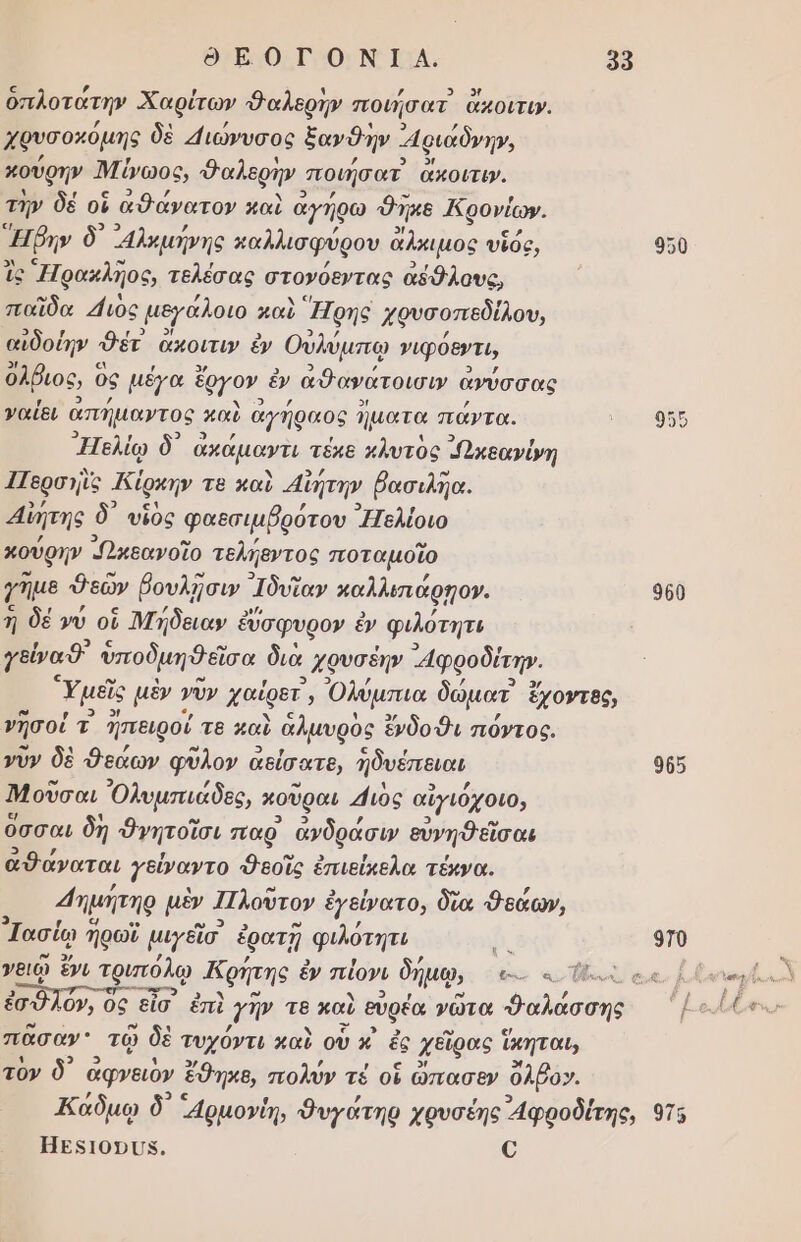 ΘδΕΟΓΡΟΝΙΑ. δὸ ὁπλοτάτην Χαρίτων Θαλερην ποιήσατ ἄκοιτιν. χρυσοχόμης δὲ 4{ιώνυσος ξανθην αιάδνην, κούρην ἌΤύωος, Φαλερην ποιήσατ᾽ ἄκοιτι». τὴν δέ οἳ ἀθάνατον καὶ αγήρω Φηκε Ἀφονίων. Ἠῤην δ) ᾽αλκμήνης παλλισφύρου ἄλειμος υἱός, 900 τς ραμλλος, τελέσας στονόεντας αέθλους, παῖδα 4{ιὸς μεγάλοιο καὺ Ἔρης χρυσοπεδίλου, αἰδούην θέτ ἄκοιτιν ἐν Ουλύμπῳ νιφόθντι, ὅλβιος ἵ ὃς μέγα έργον. - ἀθανάτοισν» ἆ ἀνύσσας ναίει ἁπήμαντος : καὺ ἀγήραος Ίματα πάντα. ο 98 ᾿Ἠελίῳ δ᾽ ἀχάμαντι τέκε κλυτὸς «Οκεανύνη Περοῇς έρκην τε καὶ αἴήτην βασιλῃα. αἴήτης δ᾽ υἷὸς φαεσιµβρότου ᾿Ἠελίοιο κούρην Ὠκεανοῖο τελήεντος ποταμοῖο γΊμε Φεῶν ῥουλῇῆσιν αδυῖαν Καλλισιάρῃο». 900 ἡ δέ νύ οἳ ΙΜήδειαν ἐ ἐύσφυρον ἐν φιλότητι Υδύναδ᾽ ὑποδμηθεῖσα δια , χουσέην φροδέτην. Ὕμεῖς μὲν νὺν χαίρετ» Ὀλύμπια δώματ᾽ ἔχοντες, »ῆσοί τ ἠπειρού τθ μαὶ ἁλμυρὸς ἔνδοθι πόντος. νὺν δὲ Φεάων φῦλον ἆ σείσατε, ἠδυέπειαι, 905 Μοῦσαι Ὀλυμπιάδες, ποῦραι άιος αἰγιόχοιο, οσσαι δη Ὀγητοῖσι παρ ἀνδράσιν εὐνηθεῖσαι αθάναται 7εύναντο θεοῖς ολο τέκνα. ᾱημήτηρ μὲν Πλοῦτον ἐ ἐγεύνατο, δα Φεάων, σσ ἕ ς νειῷ ἔνι τριπόλῳ «Ἀρήτης ἐν πίονι δήµῳ, ο πᾶσαν τῷ δὲ τυχόντι καὶ οὗ κ᾿ ἐς χεῖρας ἵκηται, τον δ᾽ ἀφνειὸν ἔδηκε, πολύν τέ οἵ ὤπασεν ὄλβο». Ἀαδμῳ δ᾽ ἁρμονίη, Ὀυγάτηρ χρυσέης ἀφροδίτης, 95 ΗΕΡΙΟΡΙΙΚ. 6ο