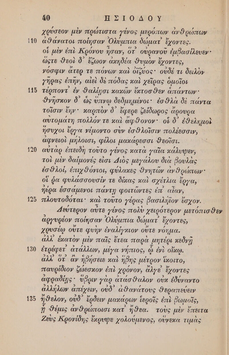 {0 ἩΣιοδουΥὗ χρύσεον μὲν πρώτιστα γένος μερόπων ανθρώπων 110. α θάνατοι ποίησαν Ὀλύμπια δώματ ἓ ἔχοντες. οἱ μὲν ἐπὶ Ἀρύνου σαν, ὃτ οὐρανοῦ ἐμβασίλευεν' ὥστε εοῦ δ᾽ ἔζωον ακηδέα θυμὸν ἐ ὄχοντες, νόσφυ ἅτερ τε πόνων καὺ ὀϊξύος: οὐδέ τι δειλὸν 7Ἴφας ἐπῆν, αἰεὶ δὲ πόδας καὺ χεῖρας ὁμοῖου 115 τέρποντ ἐν Φαλίησι χακῶν ἔκτοσθεν ἁπάντων: Ὀνῆσκον δ) ὡς ὑπινῳ δεμημένοι: ἐσθλὰ δὲ πάντα τοῖσι» ἔην' χαρπόν δ᾽ έφερε δείδωρος ἆ ἄρουρα αὐτομάτη πολλόν τε καὶ ἀφθονον. οὗ δ᾽ ἐθελημοὲ Ίσυχοι ἔργα νέµοντο σὺν ἐσθλοῖσιν πολξεσσιν, ἀφνειοὶ μήλοισι, φίλοι μακάρεσσι Φεοῖσι. 120 αὐτὰρ ἔπειδη τοῦτο γένος κατὰ γαῖα κάλυψεν, τοὺ μὲν δαίµονές εἰσι 4ιὸς μεγάλου διὰ βουλὰς ἐσθλού ἐπιχθόνιοι, φύλακες Ὀνητὼν ανθρώπων οἵ ῥα φυλά ασσουσνν τε δύκας καὶ σχότλια ἔργα, : Πέρα ἑσσάμενοι πάντῃ φοιτῶντες ἐπ αἴαν, 126 πλουτοδόται: καὶ τοῦτο 7έρας βασιλήϊον ἐ ἔσχο». 4εύτερον αὖτθ γένος πολὺ χειρότερον μετόπισθεν ἀργυρέον ποίησαν Ὀλύμπια δώματ' ἐ ἔχοντες, χρυσέῳ ουτε φυὴν ἐναλίγχιον οὔτθ νόημα, αλλ' ἑκατὸν μὲν παῖς ἔτεα παρὰ μησόρι κεδνῇ 1590 ἐτρέφετ' ἀτάλλων, μα νήπιος, ᾧ ἐνὸ οὕκῳ. αλλ ὃτ ἂν ἠβήσειε καὺ Ίβης μέτρο» ὕποιτο, παυρίδιον ζώεσκον ἐ ἐπὶ χθόνον, ἄλγε ἔχοντες ἀφραδίμε ύῤρυ γὰρ ατάσθαλον οὐκ ἐδύναντο αλλήλων ἀπέχειν, οὐδ᾽ ἀθανάτους δεραπεύειν 135 Ἰ.θελον, οὐδ᾽ ἔρδειν μακάρων ἱεροῖς ἐπὶ ῥωμοῖς, η θέμις ἀγθρώποισι κατ θεα. τοὺς μὲν ἐ έπειτα Ζευς Ἀρονίδης ἔκρυψε χολούμενος, οὔγεκα τιμὰς )