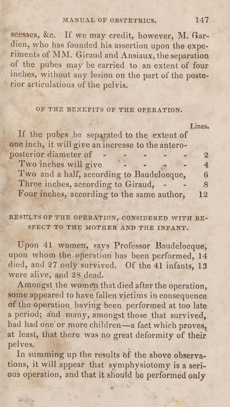 _scesses, &amp;c. If we may credit, however, M. Gar- dien, who has founded his assertion upon the expe- riments of MM. Giraud and Ansiaux, the separation of the pubes may be carried to an extent of four inches, without any lesion on the part of the poste- rior ee ge of the pelvis. OF THE BENEFITS OF THE OPERATION. Lines. If the pubes be ee to the extent of One inch, it will give an increase to the antero- pagicrion diameter of - - - - - 2 © Twotochés wilgive ~-. +. gw ™@- 4 Two and a half, according to Baudeloeque, 6 _. Three inches, according to Giraud, -~ - 8 _ Four inches, according to the same author, 12 RESULTS OF THE OPERATION, CONSIDERED WITH RE- SPECT TO THE MOTHER AND THE INFANT. Upon 4] women, “says Profor Baudelocque, upon whom the-operation has been performed, 14 _ died, and 27 only survived. Of the 41 infants, 13 were alive, and 28 dead. Amongst the women that died after the operation, some appeared to have fallen victims in consequence of the operation having been performed at too late a period; and many, amongst those that survived, had had one or more children—a fact which proves, at least, that there was no great peioranty of their pelves. In summing up the results of the above observa- _tions, it will appear that symphysiotomy i IS a seri- ous operation, and that it should be performed only