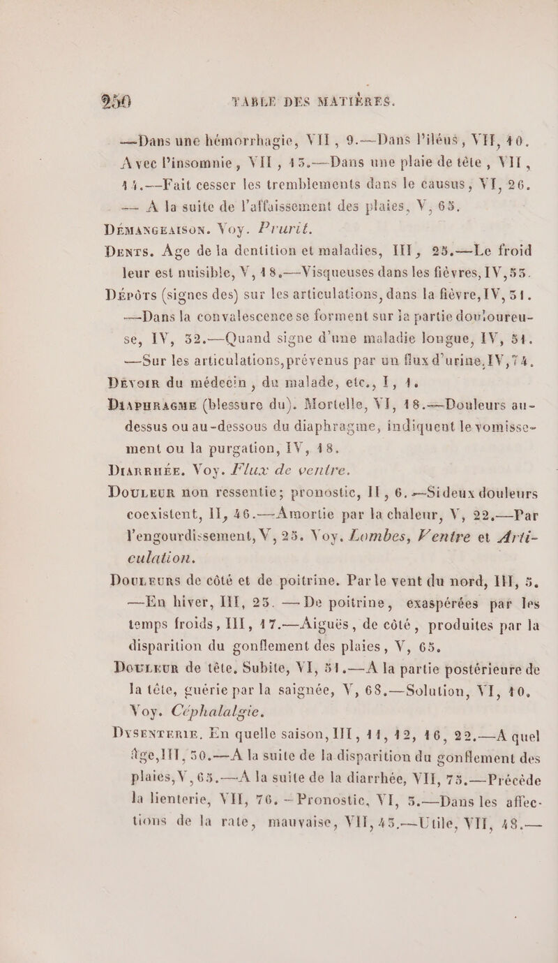 _—Dans une hémorrhagie, VIE, 9.—Dans liléus, VIF, #0. Avec Pinsomnie, VIT, 45.—Dans une plaie de tête, VIT, 4 4.——Fait cesser les tremblements dans le causus, VI, 26. —— A la suite de l’affaissement des plaies, V, 65, DÉMaxGEatsoN. Voy. Prurié. Denrs. Age de la dentition et maladies, IT, 23.—Le froid leur est nuisible, V,48,—Visqueuses dans les fièvres, IV,53. Dépôrs (signes des) sur les articulations, dans la fièvre, IV, 51. —Dans la convalescence se forment sur ja partie douioureu- se, IV, 32.—Quand signe d'une maladie longue, IV, 54. —Sur les articulations, prévenus par un flux d'urine. IV,74. Divorr du médecin , du malade, etc., I, 1. Diapuraenue (blessure du). Mortelle, VI, 18. Douleurs au- dessus ou au-dessous du diaphragme, indiquent le vomisse- ment ou la purgation, IV, 48, Drarrnée. Voy. lux de ventre. DouLrEur non ressentie; pronostic, Il, 6.-—Sideux douleurs coexistent, 11, 46.—Amortie par la chaleur, V, 22,—Par l'engourdissement, V,25, Voy, Lombes, Ventre et Arti- culation. | Doureurs de côté et de poitrine. Parle vent du nord, IH, 5. —En hiver, IE, 25. — De poitrine, exaspérées par Îles temps froids, HIT, 17.—Aiguës, de côté, produites par la disparition du gonflement des plaies, V, 65, DourEur de tête, Subite, VE, 51.— A la partie postérieure de Ja tête, guérie par la saignée, V, 68.— Solution, VI, 10, Voy. Céphalalgie. Dysexreme. En quelle saison, IT, 41,42, 46, 22,—A quel Âge, IT, 50.—A la suite de la disparition du gonflement des plaies, V,63.—A la suite de la diarrhée, VII, 73.—Précède Ja lienterie, VIT, 76. - Pronostic, VI, 5.—Dans les aflec- tions de la rate, mauvaise, VIT, 45,— Utile, VIT, 48.—