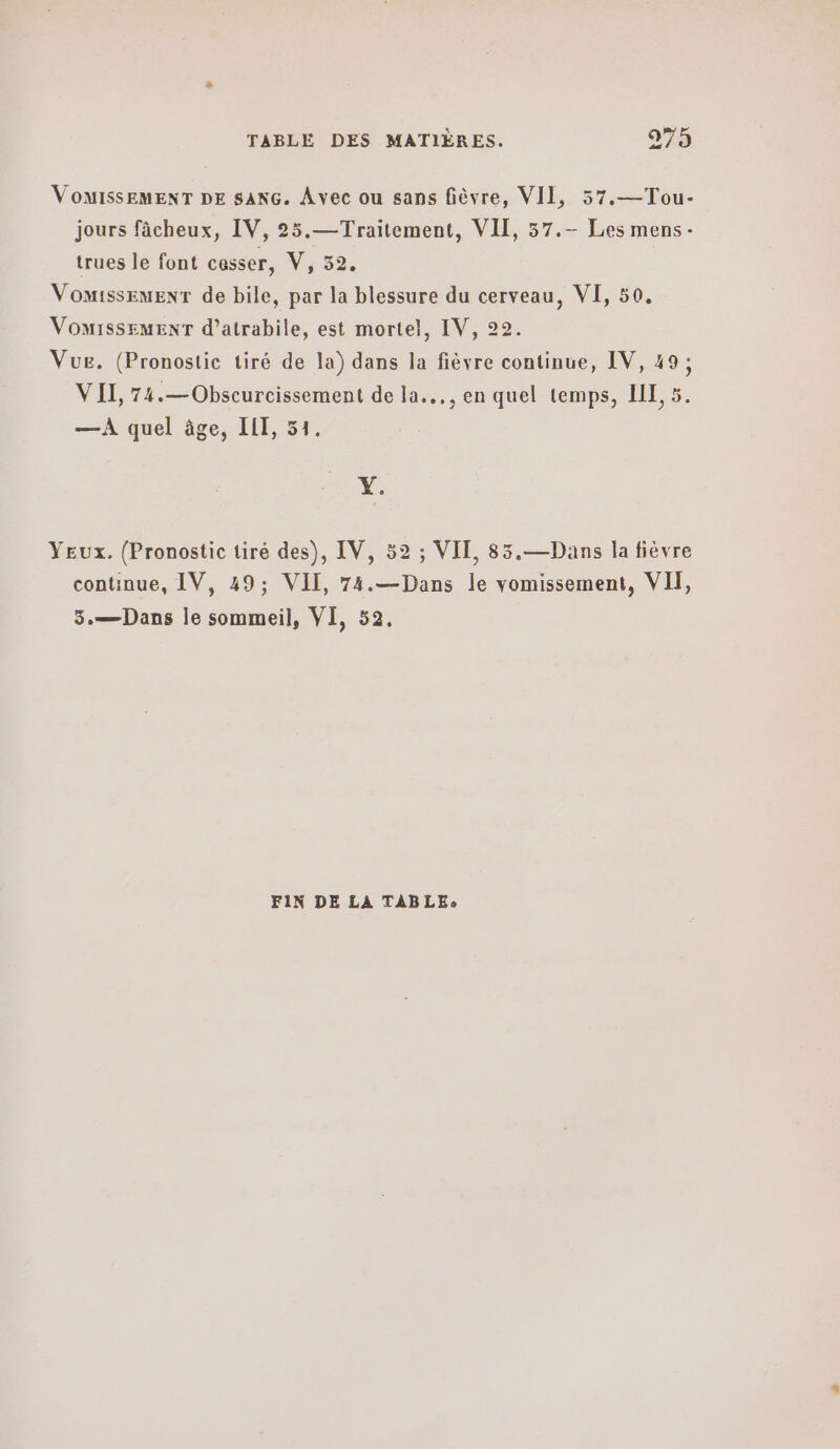 VOMISSEMENT DE SANG. Avec ou sans fièvre, VII, 57.—Tou- jours fâcheux, IV, 25.—Traitement, VII, 57.- Les mens- trues le font cesser, V, 52. VomissemEenr de bile, par la blessure du cerveau, VI, 50, ΥΟΜΙΡΦΣΕΜΕΝΤ d’atrabile, est mortel, IV, 22. Vue. (Pronostic tiré de la) dans la fièvre continue, IV, 49; VII, 74.—Obscurcissement de la..., en quel temps, HE, 5. —À quel âge, ILE, 51. L' Yeux. (Pronostic tiré des), IV, 52 ; VIT, 83.—Dans la fièvre continue, IV, 49; VII, 74.—Dans le vomissement, VII, 3.—Dans le sommeil, VI, 52. FIN DE LA TABLE.