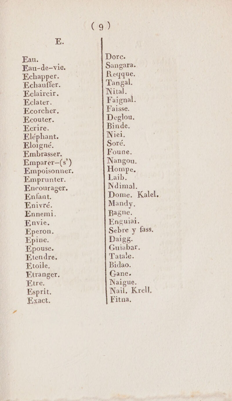 Eau. Eau-de-vie. Echapper. Echauffer. Eclairair. Eclater. Ecorcher. Ecouter. Ecrire. Eléphant. Eloigné. Embrasser. Emparer-(s’) Emprunter. Encourager. Enfant. Enivré. Ennemi. Envie. Eperon. Epine. Epouse. Etendre, Etoile. Etranger. tre. Esprit, Exact. Dorc. Sangara. Tangal. Nital. Faignal. Faisse. Deglou. Binde. Niei. Soré. Foune. Nangou. Hombpe, Laib. Ndimal. Dome. Kalel, Mandy. Bagne. Eneuiai. Sebre y fass. Daigg. Guiabar. Tatale. Bidao. Gane. Naigue. Naïl, Krell. Fitna,