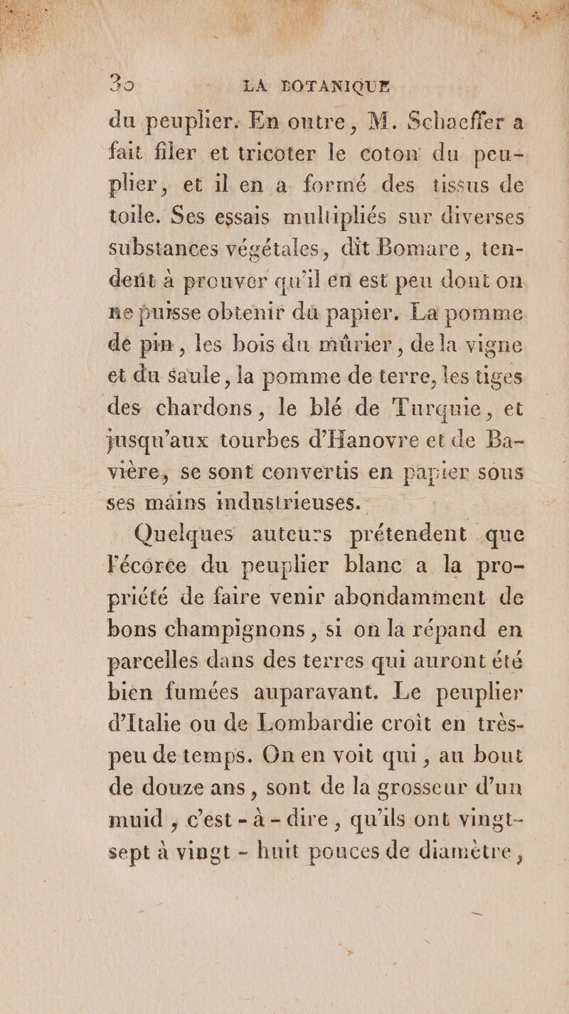 Fi P £ 30 -. LA BOTANIQUE du peuplier. En outre, M. Schacffer a fait filer et tricoter le coton du peu- plier, et il en a formé des tissus de toile. Ses essais multipliés sur diverses substances végétales, dit Bomare , ten- derit à prouver qu'il en est peu dont on ne puisse obtenir du papier. La pomme dé pin, les bois du müûrier , de la vigne et du saule, la pomme de terre, les tiges des chardons, le blé de Turquie, et jusqu'aux tourbes d’'Hanovre et de Ba- vière, se sont convertis en papier sous ses mains imdustrieuses. Quelques auteurs prétendent que Fécorce du peuplier blanc a la pro- priété de faire venir abondamment de bons champignons , si on la répand en parcelles dans des terres qui auront été bien fumées auparavant. Le peuplier d'Italie ou de Lombardie croit en très- peu de temps. On en voit qui, au bout de douze ans, sont de la grosseur d’un muid , c’est-à-dire, qu'ils ont vingt- sept à vingt - huit pouces de diamètre,