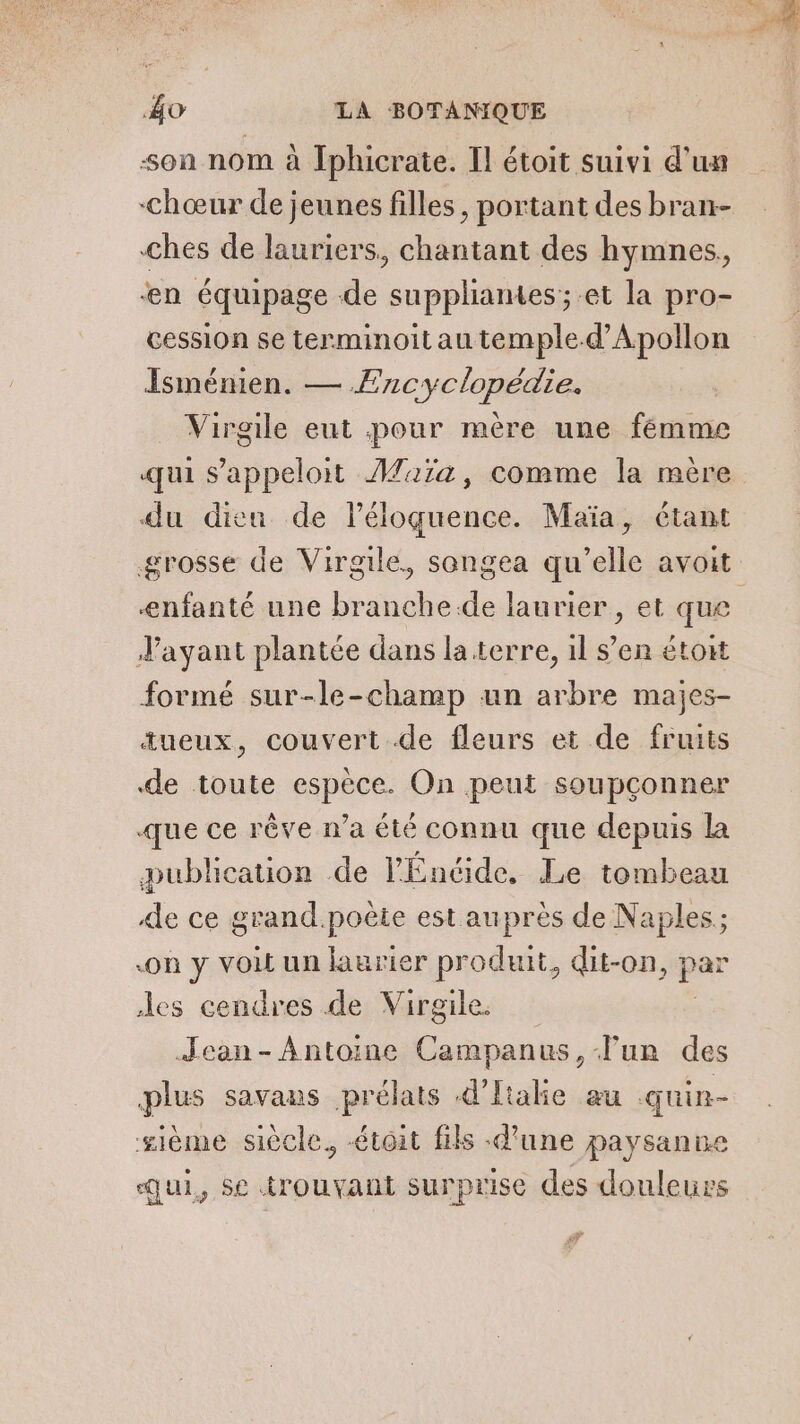 son nom à Iphicrate. Il étoit suivi d'un -chœur de jeunes filles, portant des bran- ches de lauriers, chantant des hymnes, en équipage de suppliantes; et la pro- cession se terminoit au temple.d’Apollon Isménien. — Encyclopédie. | _ Virgile eut pour mère une fémme «jui s’appeloit AMaïa, comme la mère du dieu de léloquence. Maïa, étant enfanté une branche.de laurier, et que Jayant plantée dans la terre, 1l s’en étoit formé sur-le-champ un arbre majes- tueux, couvert de fleurs et de fruits de toute espèce. On peut soupçonner «que ce rêve n’a été connu que depuis la publication de l'Énéide, Le tombeau 4e ce grand.poète est auprès de Naples; on y voit un laurier produit, dit-on, par les cendres de Virgile. ; Jean-Antoine Campanus, l'un des plus savans prélats d'Italie au quir- sième siècle, toit fils d'une paysanne qui, Se trouvant surprise des douleurs 4