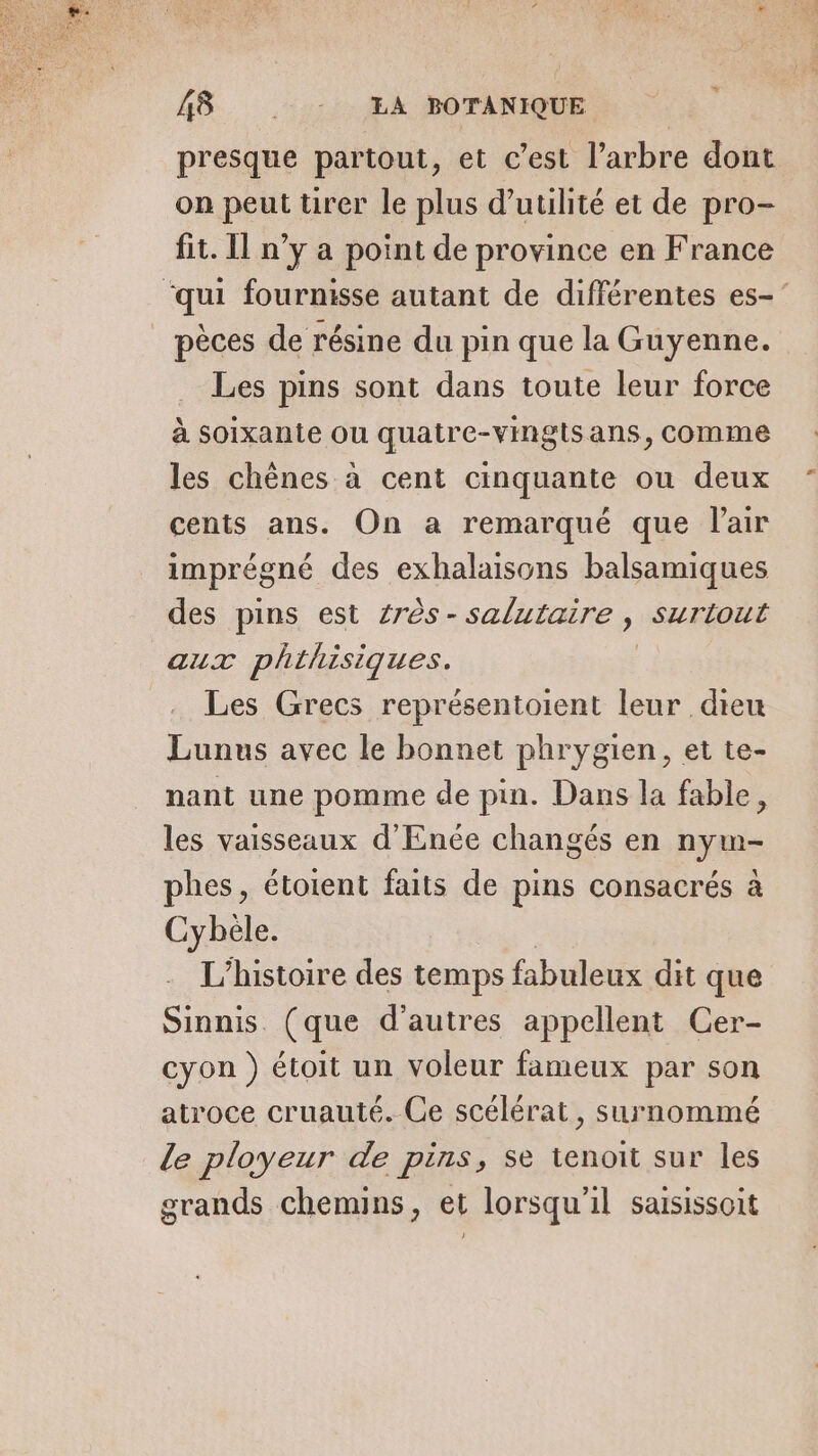 + presque partout, et c’est l’arbre dont on peut ürer le plus d'utilité et de pro- fit. 11 n’y a point de province en France ‘qui fournisse autant de différentes es-’ pèces de résine du pin que la Guyenne. Les pins sont dans toute leur force à soixante ou quatre-vingtsans, comme les chênes à cent cinquante ou deux cents ans. On a remarqué que lair imprégné des exhalaisons balsamiques des pins est érès-salutaire , suriout aux philisiques. Les Grecs représentoient leur dieu Lunus avec le bonnet phrygien, et te- nant une pomme de pin. Dans la fable, les vaisseaux d'Enée changés en nyw- phes, étoient faits de pins consacrés à Cybèle. | L'histoire des temps fabuleux dit que Sinnis (que d’autres appellent Cer- cyon ) étoit un voleur fameux par son atroce cruauté. Ce scélérat, surnommé Le ployeur de pins, se tenoit sur les grands chemins, et lorsqu'il saisissoit