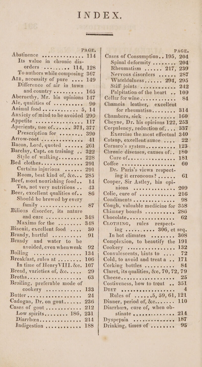 PAGE. Aetimenee Noes 5 ag 's'stcineseee AA Tis value in chronic dis- OVders 0). Gaick oe 114, 128 To authors while composing 367 AIR, necessity of pure .... 149 Difference of air in town and country .s...seeee- 165 Abernethy, Mr. his opinions 147 Ale, qualities of ...0se000eniQ0 Animal dod: Giioes!). «ode 5, 14 Anxiety of mind to be avoided 299 Appetite Va. ests eee lar Aperients, use of... 371, 377 Prescription for,’ &lt;p. +. 390 Artow-Roet(),. G4 i Lbtedle odes (4M Bacon, Lord, quoted ..«see 20h Barclay, Capt. on training ., 322 Style of walking........ 228 Bed (clothes: 3 3. ess eae Curtains injurious ...... 291 Room, best kind of, &amp;c... 285 Beef, most nourishing food.. 14 Tea, not very nutritious... 43 Beer, excellent qualities of.. 86 Should be brewed by every PAUL: 4 ejoladts wee GR 87 Bilious disorder, its nature BAGACUNE, b3. este ove Mr hd Be: Maxims for the ....... Biscuit, excellent food .... 30 Brandy, hurtful... :.)s. . 91 Brandy and water to be avoided,evenwhenweak 92 Boe: 6 ves Shezeiislekesiewieiey tease Breakfast, rules at ....... . 106 In time of HenryVITI. &amp;c. 107 Bread, varieties of, &amp;..... 29 Sratlie. i wingbiichoias «+ begs Broiling, preferable mode of COOK EEG oie e.cieimss 5,0 .. 133 BOF AM, Re cersians tae aie | ek Cadogan, Dr. on gout....,. Cases of gout)... iaeestes ss 212 Low spirits........ 186, 231 Dia 5. 44 ss aie a 6 214 Indigestion ...«cs0%sse0 188 PAGE. Cases of Consumption.. 195, 204 Spinal deformity ......,. 204 Rheumatism......05 217; Zee Nervous disorders ...... 287 Watchfulness,..... 294, 295 Sum jomtisy!. GGekiedian. 242 Palpitation of the heart ., 109 Geifar tor wine #., ose cs ste S4 Chamois leather, excellent for rheumatisn........ 314 Chambers, sick ....++..++ 160 Cheyne, Dr. his opinions 122, 253 Corpulency, reduction of.... 337 Exercise the most effectual 340 Catsup, excellent sauce .... 22 Cornaro’s system ..seseeres 123 Chronic diseases, causes of.. 180 COO ba fs eats ein alain tie o LON! COREE ats esis cece eses” OU Dr. Paris’s views respect- ing it erroneous?...... 61 Cooper, Sir Astley, his opi- MONS. A iis SS we ee ane OO Collie, Cue Of 0% visetdeces ZIG Condiments ...ceecces&lt;e-. 98 Cough, valuable medicine for 358 Chimney boards .....eces- 286 Chocolate, sais sivw Sisteleioe ewer Ox CLOTHING, rules respect- ING’ .ec'se. veee 306, ef seq. In hot climates ........ 308 Complexion, to beautify the 191 Cookery (usisdecce tack es oo Woe Convalescents, hints to .... 72 Cold, to avoid andtreata .. 171 Corking bottles .....4....''' 84 Claret, its qualities, &amp;c. 70, 72, 79 CHES Cs, wie se asalasia nels eres Shy eam Costiveness, how to treat .. 351 DIET sietweedinerecvene 14 Rules of ......5, 59, 61, 121 Dinner, period of, &amp;c....... 110 Diarrhoea, cure of, when ob- stinate ereeeerseoseree 914 Dyspepsia ss sitbainicexnetelet Lae Drinking, times'of’....2... °° 95