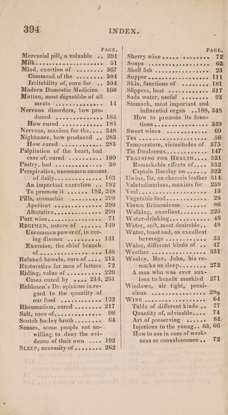 PAGE. Mercurial pil), a valuable .. 391 BO id arate eneactshrgeourvoweunce Od OL Mind, exertion of ... 367 Command of the ... 304 Irritability of, cure for .. 304 Modern Domestic Medicine 160 Mutton, most digestible of all ecoewee MOAtSe Vsalalsicile deweiee cai 14 Nervous disorders, how pro- duced @eeosnreee st 2888026 185° 185 348 283 283 How cured ..... Nervous, maxims for the.... Nightmare, how produced ,, How cured .... Palpitation of the heart, bad case of, cured .. 109 PRsity phad -o.sscen deesawl 30 Perspiration, uncommon amount of daily... ica Gs shaseel 83 An important excretion .. 182 To promote it ...... 182, 248 Pills} stomachic. &lt;2... bia 4.290 Apeficnt sw vsa.als« .aeee. 290 Alterative. .ccccsnaneeee 290 PH Wine. ..cseenee seven el] REGIMEN, nature of ...... 140 Uncommon power ef, in cur- ing disease /..asiesawee L41 Exercise, the chief branch OLeaas seblodgln de e90Nl4s, Relaxed bowels, cure of .... 213 Restorative for men of letters 72 Riding, value of ....2++e.4 229 Cases cured by wes. 214, 231 Robinson’s Dr. opinions in re- gard to the quantity of our food 122 Rheumatism, cured .....00¢ 217 S61E\ uses ofirose eed waiee (98 Scotch barley broth........ 64 Senses, some people not un- willing to deny the evi- dence of theirown .... 192 SLEEP, necessity Of .eeesvee 262 e@eeeeeoe PAGE. Sherry, WIC s.20sa ‘a casiwaer G2 Soupseh secemivayiiiewie eteree en Oa SHON Giahy «2.9 semee aoe otelamioth. 28 SOPPCRisvaees d5-cunnbesmar ed Skin, functions of ...ce.eee L8L Slippers, best ki se ceewens 0ST Soda water, useful ..sccess 93 Stomach, most important and influential organ ..188, 348 How to promote its fanc- LiONEId. cb ce. Sere Sweet wines ..cccccseces 69 TSA). scassuans «Ghia neusae Veow ene Temperature, vicissitudes of 375 Tic Douloreux...... &lt;i Wwiie oa ATA TRAINING FOR HEALTH.,.. 321 Remarkable effects of.... 332 Captain Barclay on...... 322 Uwins, Dr. on chamois leather 314 Valetudinarians, maxims for 258 Veal. ai.% seen oth Beene a elas Vegetable food.....ceeeee, 28 Vinum Britapnicam ...... 86 Walking, excellent........ 228 Water-drinking..-cocecceess 46 Water, soft, most desirable., 48 Water, toast and, an excellent beverages ssicesiesecen OF Water, different kinds of ... 47 Weather jacccesneie nabinenaig-wcie » Oe Wesley, Rev. John, his re- marks on sleep...essee 202 A man who was ever anx- ious to benefit mankind 271 Windows, air tight, perni- cious ances SEL OO WHIT . ninensacsenese: Shetap. Sha gable? ee Table of different kinds .. 77 Quantity of, advisable.... 74 Art of preserving 84 Injarious tothe young.. 65, 66 How to use in case of weak~- ness or conyalescence'.. 2 eeeeceoe