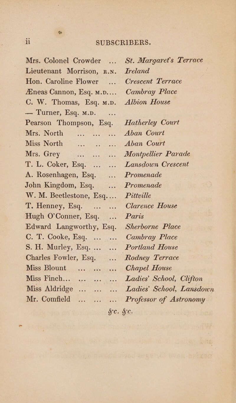 Mrs. Colonel Crowder ... St. Margaret's Terrace Lieutenant Morrison, r.n. Ireland Hon. Caroline Flower .... Crescent Terrace fEneas Cannon, Esq. M.p..... Cambray Place C. W. Thomas, Esq. m.p. Albion House — Turner, Esq. M.p. Pearson Thompson, Esq. Hatherley Court mirs-aNorth 1)... aban Count Miss North ese eo ee ban Count Mrs. Grey ‘ee ane es. Montpelier Parade T. L. Coker, Esq. ... ... Lansdown Crescent A. Rosenhagen, Esq. ... Promenade John Kingdom, Esq. .... Promenade W.M. Beetlestone, Esq.... Puttville T. Henney, Esq. ...... Clarence House Hugh O’Conner, Esq. ... Paris Edward Langworthy, Esq. Sherborne Place C. T. Cooke, Esg. ... .... Cambray Place S. H. Murley, Esq... .... Portland House Charles Fowler, Esq. .... Rodney Terrace Miss Blount... ... ... Chapel House Miss Finch... ... ... .... Ladies’ School, Clifton Miss Aldridge ... ... .... Ladies’ School, Lansdown Mr. Comfield ... ........ Professor of Astronomy Sc. §c.