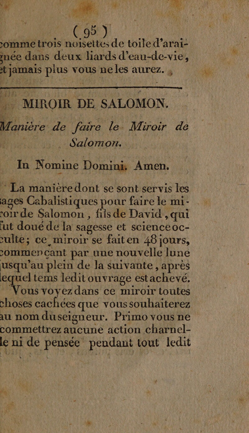 + D 0. &gt;omme trois noisettes de toile d’arai- née dans deux lards d’eau-de-vie, tjamais plus vous neles aurez. , 4 } \ _ MIROIR DE SALOMON. Maniére de faire le. Miroir de Salomon. In Nomine Domini: Amen. * La maniere dont se sont servis les ages Cabalistiques pour faire le mi- oir de Salomon , fiis de David , qui ut doué de la sagesse et scienceoc- culte; ce miroir se faiten 48 jours, ommencant par une nouvelle lune usqu’au plein de la suivante , apres equel tems léditouvrage estachevé, Vous vovezdans ce miroir toutes choses onu que voussouhaïterez au nom duseigneur. Primo vous ne commettrez aucune action charnel- le ni de pensée pendant tout ledit