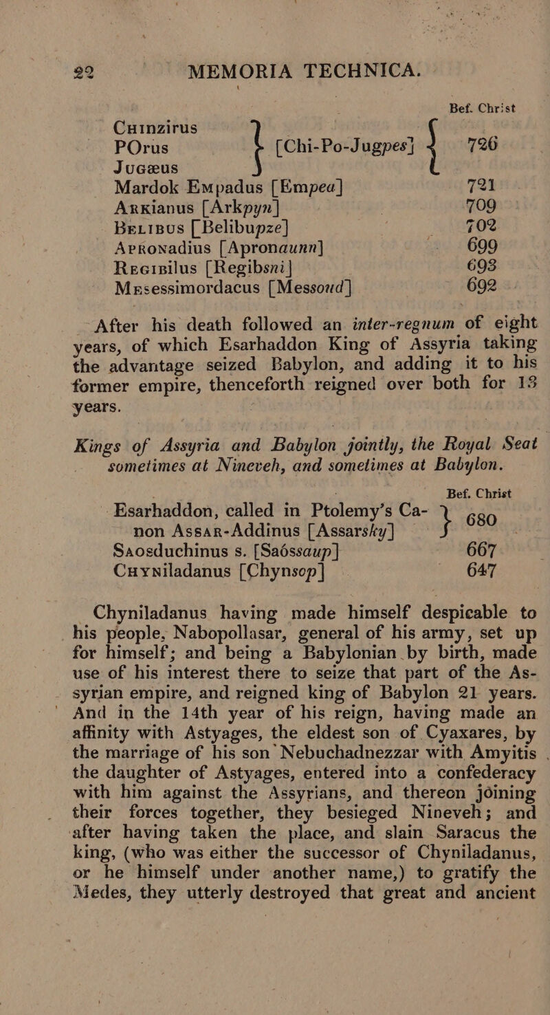 Bef. Christ Cuinzirus a POrus [Chi-Po-Jugpes| | 720 JuGceus Mardok Empadus [Empea] 721 Arxianus [Arkpy7] | 709 BexiBus [ Belibupze] _ FO Apronadius [Apronaunn] 699 Reeisilus [Regibsni | | 693 Mesessimordacus [ Messozd ] 692 After his death followed an inter-regnum of eight years, of which Esarhaddon King of Assyria taking the advantage seized Babylon, and adding it to his former empire, thenceforth reigned over both for 13 years. Kings of Assyria and Babylon jointly, the Royal Seat sometimes at Nineveh, and sometimes at Babylon. , 7 Bef. Christ - Esarhaddon, called in Ptolemy’s Ca- } 680 non Assar-Addinus [Assarsky] Saosduchinus s. [Sadéssaup] 667 Cuyniladanus [Chynsop] 647 _Chyniladanus having made himself despicable to his people, Nabopollasar, general of his army, set up for himself; and being a Babylonian by birth, made use of his interest there to seize that part of the As- sytian empire, and reigned king of Babylon 21 years. ' And in the 14th year of his reign, having made an affinity with Astyages, the eldest son of Cyaxares, by the marriage of his son Nebuchadnezzar with Amyitis | the daughter of Astyages, entered into a confederacy with him against the Assyrians, and thereon joining their forces together, they besieged Nineveh; and ‘after having taken the place, and slain Saracus the king, (who was either the successor of Chyniladanus, or he himself under another name,) to gratify the Medes, they utterly destroyed that great and ancient