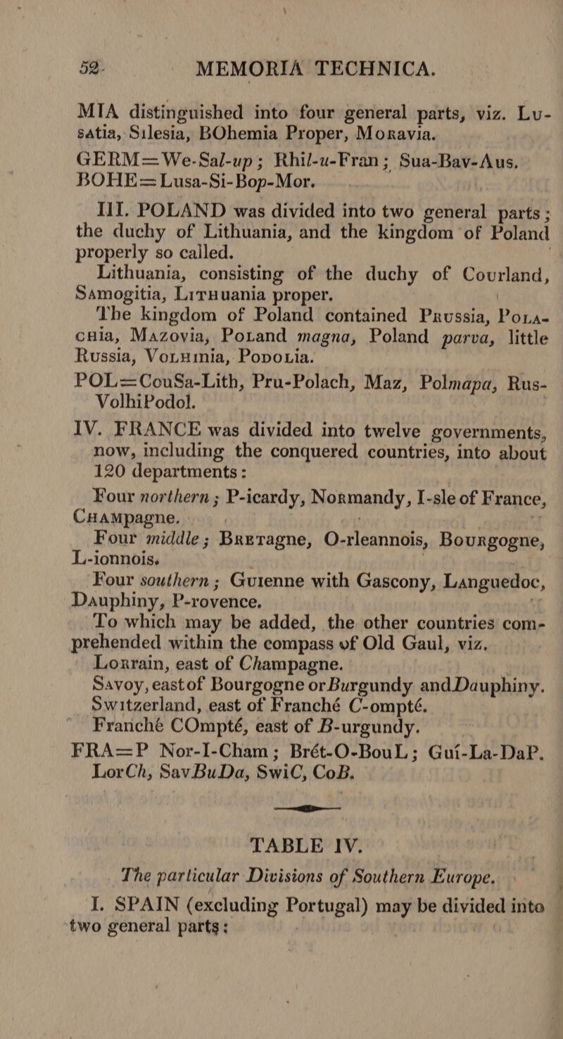 MIA distinguished into four general parts, viz. Lu- satia, Silesia, BOhemia Proper, Moravia. GERM=We-Sal-up; Rhil-u-Fran; Sua-Bav-Aus, BOHE= Lusa-Si-Bop-Mor. III. POLAND was divided into two general parts ; the duchy of Lithuania, and the kingdom ‘of Poland properly so called. . Lithuania, consisting of the duchy of Courland, Samogitia, Liruuania proper. | The kingdom of Poland contained Prussia, Poxa- cHla, Mazovia, Potand magna, Poland parva, little Russia, Votumia, Popotia. POL=CovSa-Lith, Pru-Polach, Maz, Polmapa, Rus- VolhiPodol. IV. FRANCE was divided into twelve governments, now, including the conquered countries, into about 120 departments : Four northern ; P-icardy, Normandy, I-sle of France, CHAMpagne. |  Four middle; Bretagne, O-rleannois, Bourgogne, L-ionnois, ; | Four southern ; Guienne with Gascony, Languedoc, Dauphiny, P-rovence. To which may be added, the other countries com- prehended within the compass vf Old Gaul, viz. Lorrain, east of Champagne. | Savoy, eastof Bourgogne or Burgundy and Dauphiny. _ Switzerland, east of Franché C-ompté. Franché COmpté, east of B-urgundy. FRA=P Nor-I-Cham; Brét-O-BouL; Gui-La-DaP. LorCh, SavBuDa, SwiC, CoB. ea. - TABLE IV. The particular Divisions of Southern Europe. I. SPAIN (excluding Portugal) may be divided into — two general parts: | |