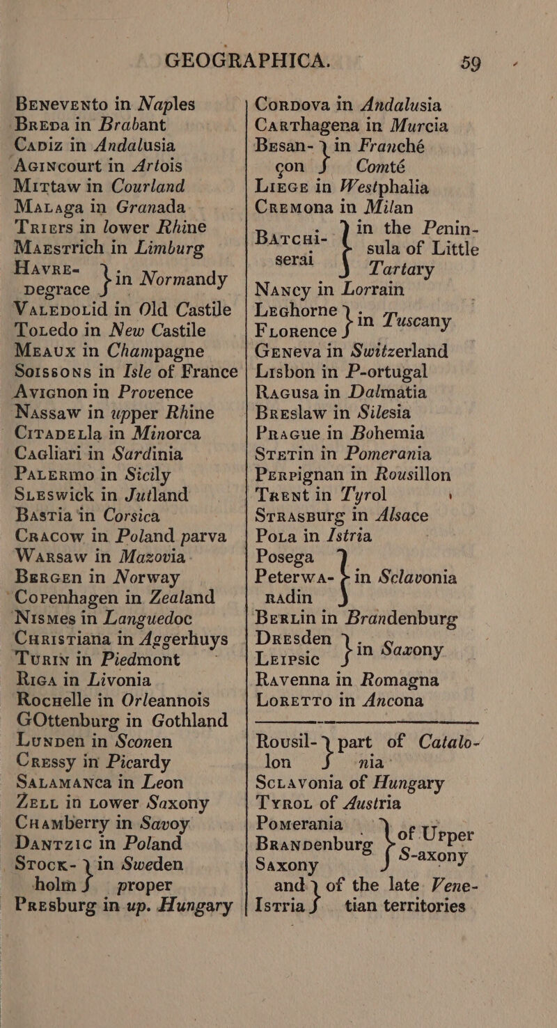 Benevento in Naples ‘Breva in Brabant Capiz in Andalusia -AciNcourt in Artois Mirtaw in Courland Mataga in Granada Tricrs in lower Rhine Magstrich in Limburg Havre- ° Seare hin Normandy Vaepotid in Old Castile Totedo in New Castile Meavux in Champagne Sotssons in Isle of France Avicnon in Provence Nassaw in upper Rhine ~ Cirapeé la in Minorca Cagliari in Sardinia PaLermo in Sicily Sieswick in Jutland Bastia ‘in Corsica Cracow in Poland parva Warsaw in Mazovia Bercen in Norway “Copenhagen in Zealand ‘Nismes in Languedoc Curistiana in Aggerhuys Turin in Piedmont Riea in Livonia Rocnaelle in Orleannois GOttenburg in Gothland Lunpen in Sconen Cressy in Picardy SALAMANCa in Leon Zev in Lower Saxony Cramberry in Savoy Danrzic in Poland _Srocx- 7 in Sweden holm proper _ Presburg in up. Hungary 59 Corpova in Andalusia CarThagera in Murcia Bersan- ) in Franché con Comté Liece in Westphalia Cremona in Milan Reus: '. the Penin- fist sula of Little Tartary Nancy in Lorrain Lechorne F Lorence Geneva in Switzerland Lisbon in P-ortugal Racusa in Dalmatia Breslaw in Silesia Pracue in Bohemia SteTin in Pomerania Perpignan in Rousillon Trent in Tyrol SrrasBurg in Alsace Pota in Istria Posega Patera in Sclavonia Radin ; in Tuscany Dresden LEIpsic Ravenna in Romagna LoRETTO in Ancona } in Sarony lon nia’ Sciavonia of Hungary Tyrrot of Austria Pomerania Branpenburg oe Saxony hee and. Istria pee Re of Catalo-~ of the late Vene- tian territories
