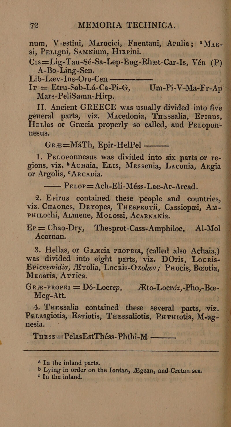 num, V-estini, Marucici, Frentani, Apulia; #Mar- iA si, Petigni, Samnium, Hirpini.. § Cis=Lig-Tau-Sé-Sa-Lep-Eug-Rhezt-Car-Is, Vén (P) _ A-Bo-Ling-Sen. i Lib-Lev-Ins-Oro-Cen iq Ir = Etru-Sab-L4-Ca-Pi-G, Um-Pi-V-Ma-Fr-Ap &gt; Mars-PeliSamn-Hirp. : j II. Ancient GREECE was usually divided into five © general parts, viz. Macedonia, Tuessalia, Epirus, Hetlas or Grecia properly so called, aud Petopon- — nesus. Graw=Math, Epir-HelPel 1. Pevoronnesus was divided into six parts or re- — gions, viz. »AcHaia, Exis, Messenia, Laconia, Argia © or Argolis, “ARcapia. hee , — Pretorp=Ach-Eli-Méss-Lac-Ar-Arcad. 2. Erirus contained these people and countries, viz. Cuaones, Dryopes, Tuesprotii, Cassiopzi, AM- — puitochi, ALmene, Mo ossi, AcaRNnaNia. . 9 Er=Chao-Dry, Thesprot-Cass-Amphiloc, Al-Mol — Acarnan. ; 3. Hellas, or Gracia Propria, (called also Achaia,) ~ was divided into eight parts, viz. DOris, Locris- Epicnemidia, AvTolia, Locris-Ozolea; Puocis, Beotia, — Meearis, AtTica. — . Gra-propri = Dé-Locrep, _Ato-Locrdz,-Pho,-Bee- _ Meg-Att. . 3 : 4. Tunssalia contained these several parts, viz. Pevasgiotis, Esriotis, Tuessaliotis, Parniotis, M-ag- q nesia. . Tuess=PelasEstThéss- Phthi-M ———_ 4 In the inland parts. b Lying in order on the Ionian, Xgean, and.Cretan sea. © In the inland. é
