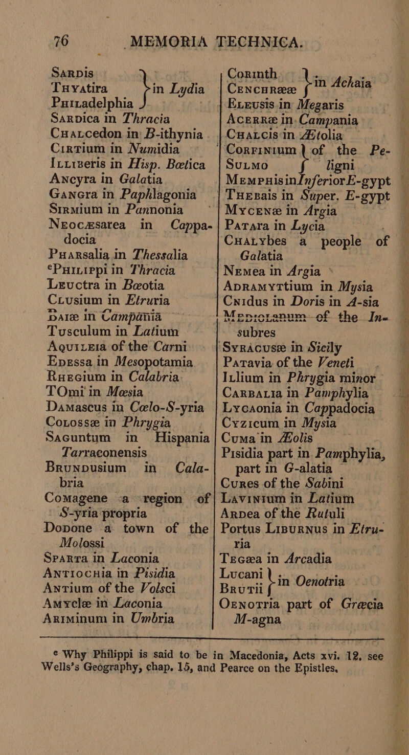 SARDIs Tuyatira fin Lydia Puizadelphia J. Sarpica in Thracia Cuaxcedon in: B-ithynia Cirtium in Numidia Ixurzeris in Hisp. Betica Ancyra in Galatia Ganera in Paphlagonia Srrmium in Pannonia Neocasarea in Cappa- docia | Puarsalia in Thessalia €Puinippiin Thracia Levuctra in Beotia Cxiusium in Eéruria Dare in Campania Tusculum in Latium AguizeEsa of the Carni Epegssa in Mesopotamia Rugcium in Calabria: TOmi in Mesia Damascus in Celo-S-yria Cotosse in Phrygia Sacuntum in Hispania Tarraconensis | Brunousium in Cala- bria Comagene &lt;a region of S-yria propria Dopone a town of the Molossi Sparra in Laconia ANTIiocuia in Pisidia Antium of the Volsci Amycle in Laconia Ariminum in Umbria GORATH 5c Lin Achaia CENCcHRE® AceRRe in. Campania Cuatcis in Atolia Su_mo —digni Mycene in Argia Patara in Lycia Galatia Nemea in Argia ApramytTtium in Mysia Cnidus in Doris in A-sia the In- Ma rene ’VYY.... Ava bre cera igor or. £6 subres Paravia of the Veneti ILlium in Phrygia minor Carpatia in Pamphylia Lycaonia in Cappadocia Cyzicum in Mysia Cuma in Aolis Pisidia part in Pamphylia, part in G-alatia — Cures of the Sabini Lavintum in Latium Arpea of the Rutuli Portus Lisurnus in Etru- ria Tecea in Arcadia Lucani Min Oenotria - BrutTil Oenotria part of Grecia M-agna