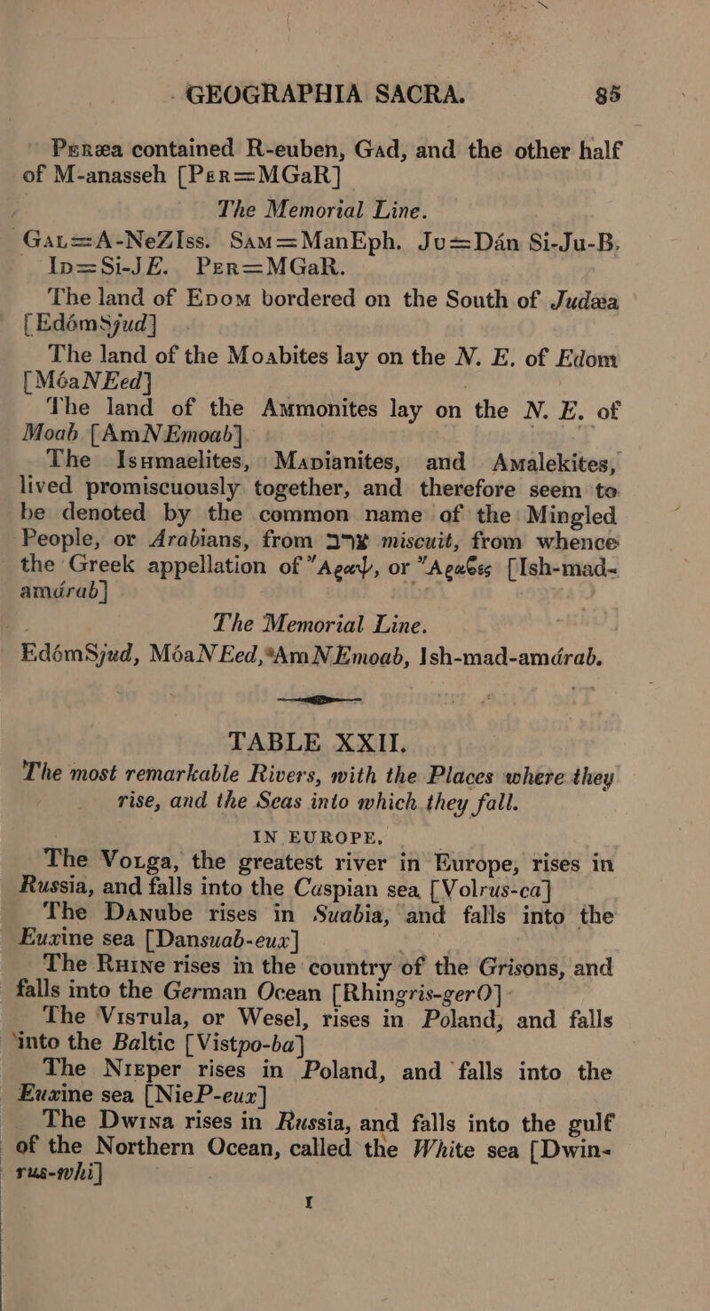 ' Perea contained R-euben, Gad, and the other half of M-anasseh [Per=MGaR] The Memorial Line. Gat=A-NeZIss. Sam=ManEph. Ju=Dan Si-Ju-B. In=Si-JE.. Pern=MGaR. The land of Epom bordered on the South of Judaia [Edémsjud] The land of the Moabites lay on the N. E. of Edom [ MéaNEed] The land of the Ammonites lay on the N. E. of Moab [AmNEmoab}. he ae The Isumaelites, Mapianites, and Amalekites, lived promiscuously together, and therefore seem ‘to. be denoted by the common name of the: Mingled People, or Arabians, from 37x miscuit, from whence _ the Greek appellation of ’Aga), or “Aga€ss [Ish-mad- amdrab] The Memorial Line. EdémSjud, MéaN Eed,*AmNEmoad, Ish-mad-amdrab. [a TABLE XXII. The most remarkable Rivers, with the Places where they rise, and the Seas into which. they fall. 3 IN EUROPE, | The Vorga, the greatest river in Europe, rises in Russia, and falls into the Caspian sea [Volrus-ca] The Danube rises in Suabia, and falls into the Euzine sea [Dansuab-euz] | The Ruine rises in the country of the Grisons, and falls into the German Ocean [Rhingris-ger0] - The Vistula, or Wesel, rises in Poland, and falls ‘into the Baltic [Vistpo-ba] The Nieper rises in Poland, and falls into the _ Euzine sea [NieP-eux] __The Dwina rises in Russia, and falls into the gulf of the Northern Ocean, called the White sea [Dwin- yus-whi]