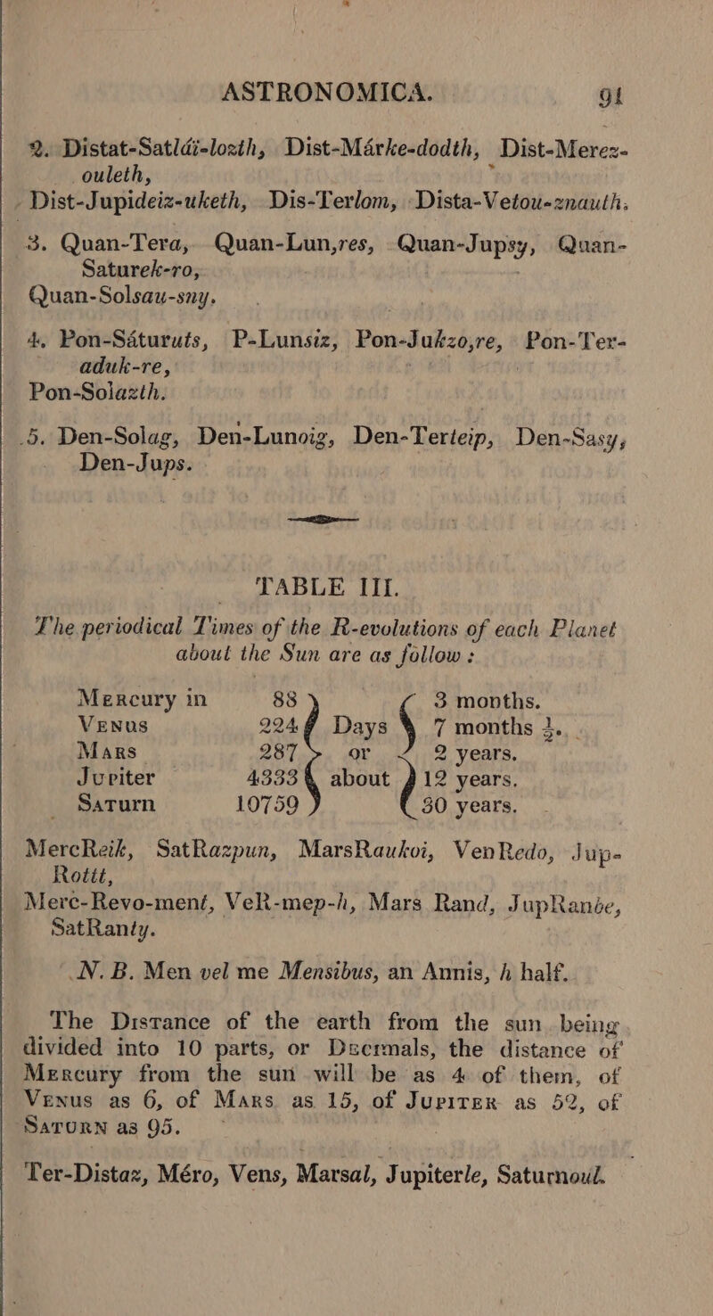 2. Distat-Satldt-lozth, Dist-Marke-dodth, Dist-Merez- ouleth, . -Dist-Jupideiz-uketh, Dis-Terlom, Dista-Vetou-znauth: 3. Quan-Tera, Quan-Lun,res, Quan-Jupsy, Quan- Saturek-ro, Quan-Solsau-sny. 4, Pon-Saturuts, P-Lunsiz, Pon-Jukzo,re, Pon-Ter- aduk-re, i Pon-Solazth. 5. Den-Solag, Den-Lunoig, Den-Terteip, Den-Sasy, Den-Jups. TABLE III. Lhe periodical Times of the R-evolutions of each Planet about the Sun are as follow : Mercury in 88 ' 3 months. Venus 2244 Days 4 7 months 3... Mars 287 or 2 years. Jupiter 4333 % about #12 years, Saturn 10759 80 years. MercReik, SatRazpun, MarsRaukoi, VenRedo, Jupe- Rottt, Merc-Revo-ment, VeR-mep-h, Mars Rand, JupRandée, SatRandy. N. B. Men vel me Mensibus, an Annis, h half. The Distance of the earth from the sun. being divided into 10 parts, or Decrmals, the distance of Mercury from the sun will be as 4 of them, of Venus as 6, of Mars as 15, of Jupirer as 52, of Sarorn as 95. Ter-Distaz, Méro, Vens, Marsal, J upiterle, Saturnould.