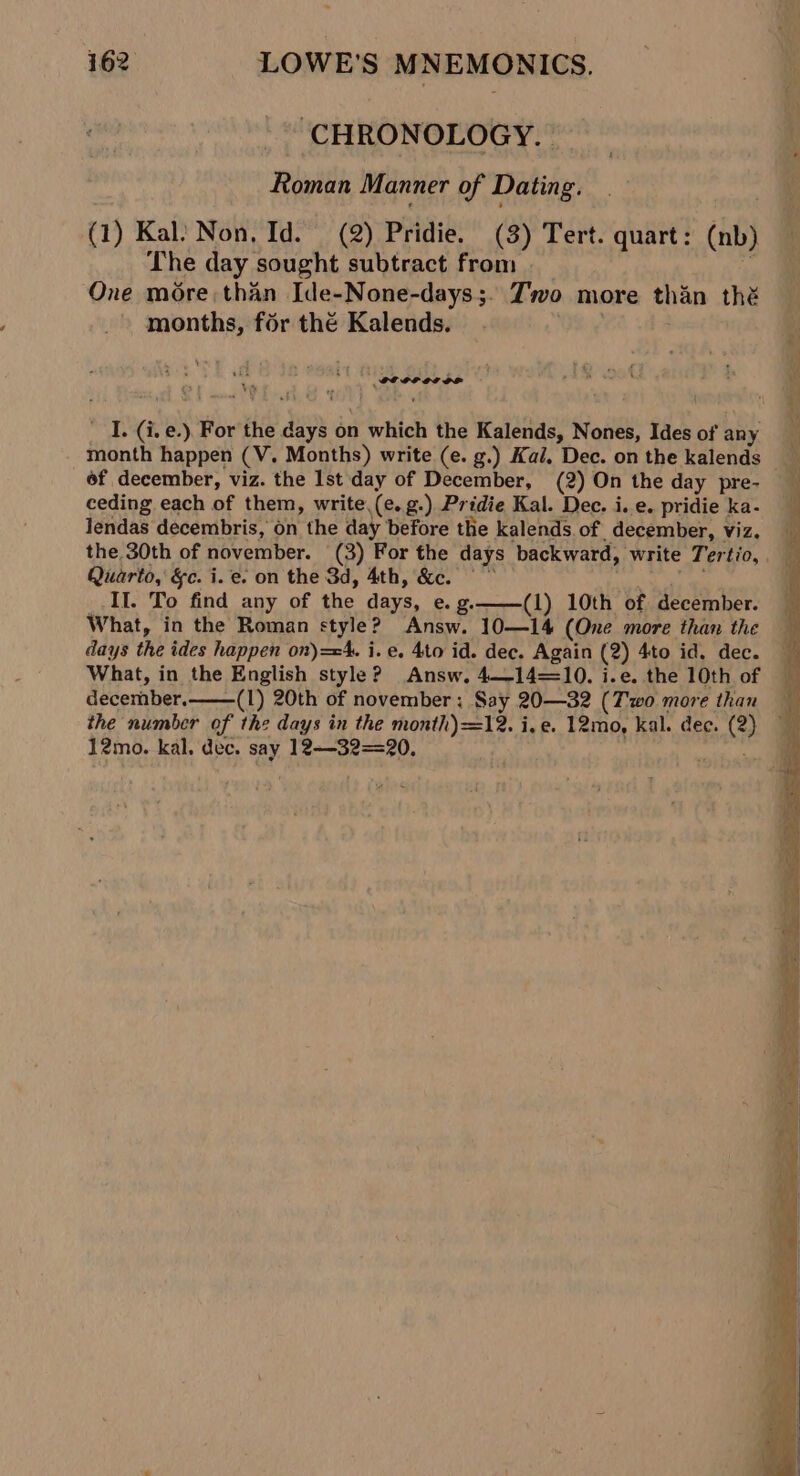 ‘CHRONOLOGY. ~ Roman Manner of Dating. (1) Kal) Non, Id. (2) Pridie. (3) Tert. quart: (nb) The day sought subtract from .__ A One more than Ide-None-days;. Zwo more than thé months, for thé Kalends. . OR: MOP OTOP A ' I. (ive.) For the days on which the Kalends, Nones, Ides of any of december, viz. the Ist day of December, (2) On the day pre- ceding each of them, write,(e.g.) Pridie Kal. Dec. i.e. pridie ka- lendas decembris, on the day before the kalends.of december, viz. Quarto, &amp;c. i. e. on the 3d, 4th, &amp;c. th ge _.Il. To find any of the days, e. g.——(1) 10th of december. What, in the Roman style? Answ. 10—14 (One more than the days the ides happen on)=e4. i. e. 4to id. dec. Again (2) 4to id. dec. What, in the English style? Answ. 4—-14=10. i.e. the 10th of december. (1) 20th of november ; Say 20—32 (Two more than the number of the days in the month)=12. i.e. 12mo, kal. dec. (2) 12mo. kal. dec. say 12——32==20. a