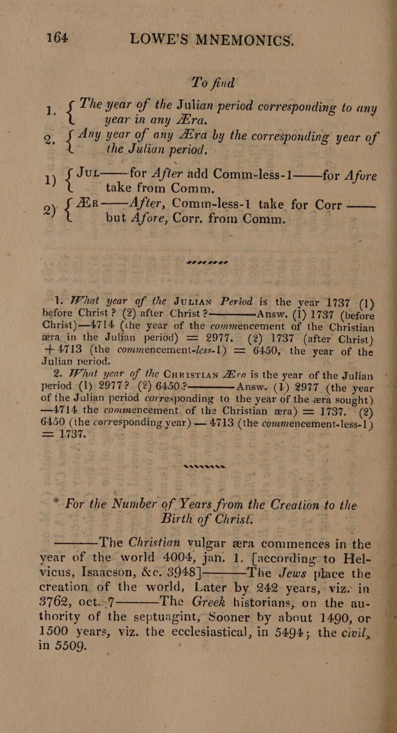 To find 1 ‘The year of the Julian period corresponding to any { year in any Era. . 9 Ea: year of any A’ra by the corresponding year of a” &amp; the Julian period. 1) A; ut——for A [fler add Comm-less-1 for Afore . take from Comm. 9) cee -After, Comm-less-1 take for Corr - ) but Afore, Corr. from Comm. - Bs) DOE OD LF &lt; 1. What year of the Juutan Period is the year 1737 (1) before Christ ? (2) after Christ ? Answ. (1) 1737 (before Christ) —4714 (the year of the commencement of the Christian zra in the Julian period) = 2977. (2) 1737 (after Christ) +4713 (the commencement-less-1) = 6450, the year of the Julian period. 2. What year of the Curistian 4@ra is the year of the Julian period (1) 2977? (2) 6450.2 Answ. (1) 2977 (the year of the Julian period corresponding to the year of the zra sought ) —4714 the commencement. of the Christian ara) = 1737.°°(2) 6450 (the corresponding year) — 4713 (the commencement-less-1) = LI8t.) vA VWUVATEVVe * For the Number of Years from the Creation to the = Birth of Christ. te, The Christian vulgar era commences in the year of the world 4004, jan. 1. [according to Hel- _ vicus, Isaacson, &amp;c. 3948]—_——The Jews place the creation of the world, Later by 242 years, viz. in 3762, oct..7————The Greek historians, on the au- thority of the septuagint, Sooner by about 1490, or 1500 years, viz. the ecclesiastical, in 5494; the civil, in 5509.
