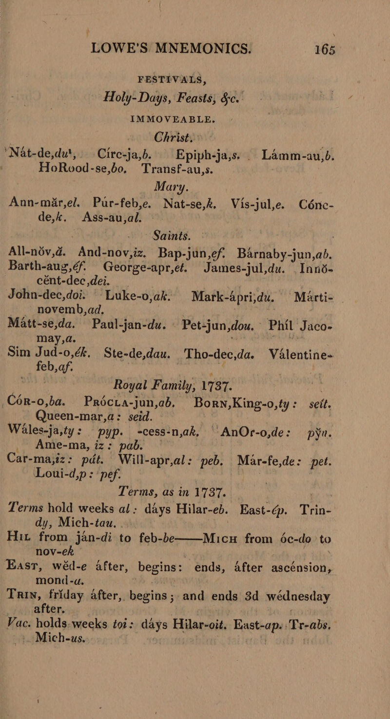 FESTIVALS, Holy- Days, Feasts, §c.. IMMOVEABLE. Christ. Nat-de,du', Circ-ja,b. Epiph-ja,s. . Lamm-au,0. HoRood-se,bo, Transf-au,s. Mary. Ann-mir,el. Pur-feb,e. Nat-se,k. Vis-jul,e. Céne- de,k. &lt;Ass-au,al. - Saints. . All-név,d. And-nov,iz. Bap-jun,ef. Barnaby-jun,ab. Barth-aug,é£ George-apr,et. James-jul,du. . Innd- cént-dec,dei. | John-dec,doi: | Luke-o,ak. Mark-apri,du. © Marti- - novemb,ad., Matt-se,da. Paul-jan-du. | Pet=jun,dou. Phil Jaco- may,a. ' mn Sim Jud-o,ék. Ste-de,dau. Tho-dec,da. VaAlentine~ feb,af. , sun th: Royal Family, 1737. Cér-o,ba. Proécra-jun,abd. Born,King-o,ty: seit. Queen-mar,a: seid. Wales-ja,ty: pyp. -cess-n,ak, AnOr-o,de: — pyu. _ Ame-ma, iz: pab. — Car-ma,iz: pdt. Will-apr,al: peb. Mar-fe,de: pet. Loui-d,p : ‘pef. | . Terms, as in 1737. . wy Terms hold weeks al: days Hilar-eb. East-Gp. Trin- dy, Mich-tau, .. } Hit from jan-di to feb-be Micu from éc-do to nov-ek East, wéd-e after, begins: ends, After ascénsion, mond-a. Oi Trin, friday after, begins; and ends 3d wédnesday after. Vac. holds. weeks toi: days Hilar-oit, East-ap. Tr-abs. -_ Mich-us. | )