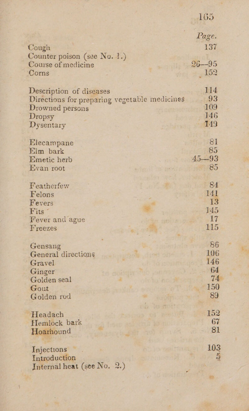 Page Cough 137, Counter poison (see No. 1.) Course of medicine 20--95 Corns _ 152 Description of diseases 114 Directions for preparing vegetable medicines 93 Drowned persons 109 Dropsy *'146 Dysentary 143 Elecampane 81 Elim bark 85 Emetic herb 45—93 Evan root vy 85 Featherfew t 84 Felons : i Fevers e ] Fits “ = 145 Fever and ague 17 Freezes | HS Gensang 86 General directions ; 106 Gravel : 146 _ Ginger , 64 Golden seal : 74. Gout 47150 Golden rod ‘ 89 ~ Headach 152 Hemlock bark 67 Hoarhound ' é 81 Injections. 103 Introduction 5 Internal heat (see No. 2.)