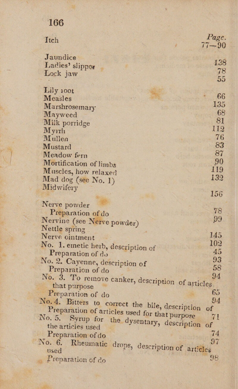 Page. Itch , 77—-90 Jaundice : 138 Ladies? slippoy _ 78 Lock jaw 55 Lily 100t te! eee: Measles 135 Marshrosemary 68 Mayweed 81 Milk porridge 112 Myrrh ; Mullen Mustard 87 Meadow fern 90 Mortification of limbs 119 Muscles, how relaxed 139 Mad dog (see No, 1) Midwifery | 156 Nerve powder il 78 Preparation of do 99 Nervine (see Nerve powder) Nettle spring 145 Nerve ointment 102 No. 1. emetic herb, description of 45 Preparation of do 93 No. 2. Cayenne, description of 58 Preparation ofdo 94 No. 3. To remove canker, description of articles that purpose i hy _ Preparation of do - 94 No. 4. Bitters to correct the bile, description of Preparation of articles used for that purpose wl No. 5. Syrup for the dysentary, description of the articles used 74 Preparation of do No. 6. Rheumatic drops, description of arti¢les used 98 . Preparation of do