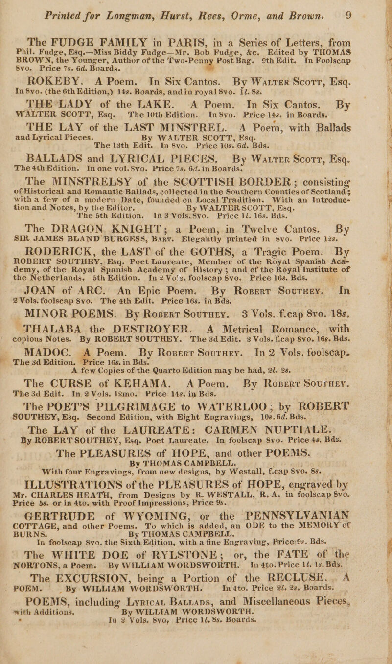 p) The FUDGE FAMILY in PARIS, in a Series of Letters, from Phil. Fudge, Esq.—Miss Biddy Fudge—Mr. Bob Fudge, &amp;c. Edited by THOMAS BROWN, the Younger, Author of the Two-Penny Post Bag. 9thEdit. In Foolscap ROKEBY. A Poem. In Six Cantos. By Watrer Scorrt, Esq. THE*LADY of the LAKE. A Poem. In Six Cantos. By THE LAY of the LAST MINSTREL. A Poem, with Ballads and Lyrical Pieces. By WALTER SCOTT, Esq. BALLADS and LYRICAL PIECES, By Watrrr Scorr, Esq. The MINSTRELSY of the SCOTTISH BORDER ; consisting of Historical and Romantic Ballads, collected in the Southern Counties of Scotland $ ; with a few of a modern Date, founded on Local Traditien. With an Introdue- tion and Notes, by the Editor. By WALTER SCOTT, Esq. The DRAGON. KNIGHT; a Poem, in Twelve Cantos. By SIR JAMES BLAND BURGESS, Barr. Elegantly printed in 8vo. Price 12s. RODERICK, the LAST of the GOTHS, a Tragic Poem. By ROBERT SOUTHEY, Esq. Poet Laureate, Member of the Royal Spanish Aca- demy, of the Royal Spanish Academy of History ; and of the Royal Institute of the Netherlands. 5th Edition. In2Vo’s. foolscap §vo. Price 16s. Bds. of JOAN of ARC. An Epic Poem. By Rosert Sovursey. In 2 Vols. foolscap Svo. The 4th Edit. Price 16s. in Bds. MINOR POEMS. By Roser Souruey. 3 Vols..f.cap 8vo. 18s. -THALABA the DESTROYER. A Metrical Romance, with copious Notes. By ROBERT SOUTHEY. The 3d Edit. 2 Vols. f.cap 8vo. 16s. Bds. MADOC, ge Poem. By Rozerr Sourney. In 2 Vols. foolscap. The 3d Edition. ce 16s.in Bds. A few Copies of the Quarto Edition may be had, 22. 2s. The CURSE of KEHAMA. A Poem. By Robert Souruey. The 3d Edit. In 2Vols. l2mo. Price 14s. in Bds. The POET’S PILGRIMAGE to WATERLOO; by ROBERT SOUTHEY, Esq. Second Edition, with Hight Engravings, 10s.6d. Bds. The LAY of the LAUREATE: CARMEN NUPTIALE. By ROBERT SOUTHEY, Esq. Poet Laureate. In foolscap 8vo. Price 4s, Bds. The PLEASURES of HOPE, and other POEMS. By THOMAS CAMPBELL. With four Engravings, from new designs, by Westall, f.cap 8V0. 88. ILLUSTRATIONS of the PLEASURES of HOPE, engraved by Mr. CHARLES HEATH, from Designs by R. WESTALL, ‘R.A. in foolscap 8vo. Price 5s. or in 4to. with Proof Impressions, Price 9s. GERTRUDE of WYOMING, or the PENNSYLVANIAN COTTAGE, and other Poems. To which is added, an ODE to the MEMORY of BURNS. By THOMAS CAMPBELL. In foolscap Svo. the Sixth Edition, with a fine Engraving, Price9s. Bds. The WHITE DOE of RYLSTONE; or, the FATE of the NWORTONS, a Poem. By WILLIAM WORDSWORTH. In 4to. Price 1é. 1s. Bds. The EXCURSION, being a Portion of the RECLUSE... A POEMS, including Lyrican Batiaps, and Miscellaneous Pieces, with Additions. By WILLIAM WORDSWORTH. * In 2 Vols. 8vo, Price 11. 8s. Boards. ea poe re SAG oi Ste eS oy