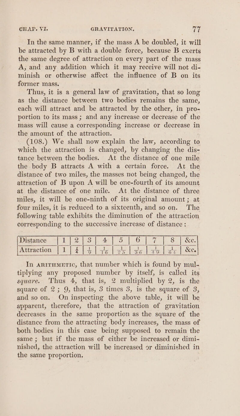 In the same manner, if the mass A be doubled, it will be attracted by B with a double force, because B exerts the same degree of attraction on every part of the mass A, and any addition which it may receive will not di- minish or otherwise affect the influence of B on its former mass. Thus, it is a general law of gravitation, that so long as the distance between two bodies remains the same, each will attract and be attracted by the other, in pro- portion to its mass; and any increase or decrease of the mass will cause a corresponding increase or decrease in the amount of the attraction. (108.) We shall now explain the law, according to which the attraction is changed, by changing the dis- tance between the bodies. At the distance of one mile the body B attracts A with a certain force. At the distance of two miles, the masses not being changed, the attraction of B upon A will be one-fourth of its amount at the distance of one mile. At the distance of three miles, it will be one-ninth of its original amount; at four miles, it is reduced to a sixteenth, and so on. The following table exhibits the diminution of the attraction corresponding to the successive increase of distance : In ARITHMETIC, that number which is found by mul- tiplying any proposed number by itself, is called its square. Thus 4, that is, 2 multiplied by 2, is the square of 2; 9, that is, 3 times 3, is the square of 3, and so on. On inspecting the above table, it will be apparent, therefore, that the attraction of gravitation decreases in the same proportion as the square of the distance from the attracting body increases, the mass of both bodies in this case being supposed to remain the same ; but if the mass of either be increased or dimi- nished, the attraction will be increased or diminished in the same proportion.