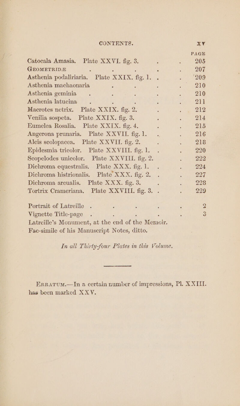 PAGE Catocala Amasia. Plate XXVI. fig. 3. : ; 205 GEOMETRIDE ‘ ‘ ; : . 207 Asthenia podaliriaria. Plate XXIX. fig. 1. . «208 Asthenia machaonaria ; : - 5 210 Asthenia geminia : : ; : : 210 Asthenia latucina . ; : 211 Macrotes netrix. Plate XXIX, fig. 2, : ; 212 Venilia sospeta. Plate X XIX. fig. 3. : : 214 Eumelea Rosalia, Plate X XIX. fig. 4. F : 215 Angerona prunaria. Plate XXVII. fig.l. . : 216 Alcis scolopacea. Plate X XVII. fig. 2. ; : 218 Kpidesmia tricolor. Plate XXVIII. fig. 1. . ‘ 220 Scopelodes unicolor. Plate XXVIII. fig. 2. ; 222 Dichroma equestralis. Plate XXX. fig. 1]. . ; 224 Dichroma histrionalis, Plate XXX. fig.2. . : 227 Dichroma arcualis, Plate XXX. fig. 3. , : 228 Tortrix Crameriana. Plate XXVIII. fig. 3. . : 229 Portrait of Latreille : : ; Vignette Title-page . 3 3 Latreille’s Monument, at the Gd of the iemoie Fac-simile of his Manuscript Notes, ditto. In all Thirty-four Plates in this Volume. ERRATUM.—In a certain number of impressions, Pl. X XIII. has been marked XXY.