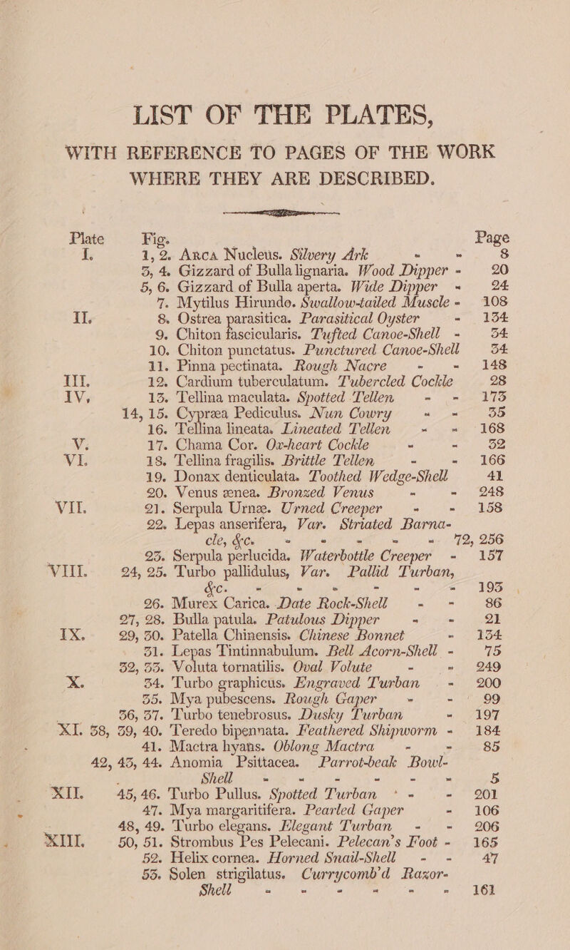 LIST OF THE PLATES, WHERE THEY ARE DESCRIBED. me Plate Fig. Page i, 1,2. Arca Nucleus. Stlvery Ark - - 8 3, 4 Gizzard of Bullalignaria. Wood Dipper - 20 5, 6. Gizzard of Bulla aperta. Wide Dipper = 24 7. Mytilus Hirunde. Swallow-tailed Muscle - 108 Il. 8. Ostrea parasitica. Parasitical Oyster - 134 9. Chiton fascicularis. Tufted Canoe-Shell - 54 10. Chiton punctatus. Punctured Canoe-Shell 54 11. Pinna pectinata. Rough Nacre - - 148 Ii. 12. Cardium tuberculatum. T'wbercled Cockle 28 iv, 13. Tellina maculata. Spotted Tellen -~ = 173 14, 15. Cypreea Pediculus. Nun Cowry «= = 35 16. Tellina lineata. Lineated Tellen = = 168 V. 17. Chama Cor. Ox-heart Cockle - -~ 32 VI. 18. Tellina fragilis. Brittle Tellen - - 166 19. Donax denticulata. Toothed Wedge-Shell 4} 20. Venus wenea. Bronzed Venus - - 248 VIL. 21. Serpula Urne. Urned Creeper = = 158 22. Lepas anserifera, Var. Striated Barna- cle, &amp;C» - ° - ~ - 72, 256 23. Serpula perlucida. Waterbotile Creeper - 157 Abeer 24, 25. Turbo pallidulus, Var. Pallid Turban, C. - - - i - - 193 26. Murex Carica. .Date Rock-Shell - - 86 27, 28. Bulla patula. Patulous Dipper ae IX, 29, 30. Patella Chinensis. Chinese — - 134 31. Lepas Tintinnabulum. Bell Acorn-Shell - 75 32, 33. Voluta tornatilis. Oval Volute - = 249 X. 34, Turbo graphicus. Engraved Turban - 200 35. Mya pubescens. Rough Gaper = = - | 99 ae 56, 37. ‘Turbo tenebrosus. Dusky T'urban - 197 XI. 58, 39, 40. Teredo bipennata. Feathered Shipworm - 184 41. Mactra hyans. Oblong Mactra — - - 85 42,43, 44. Anomia Psittacea. Parrot-beak Bowl . ’ S| a i rr “joa st, Ae 5 XII. 45,46. Turbo Pullus. Spotted Turban °* = - 201 47. Mya margaritifera. Pearled Gaper - 106 48, 49. Turbo elegans. Elegant Turban - - 206 XIIL 50, 51. Strombus Pes Pelecani. Pelecan’s Foot - 165 52. Helix cornea. Horned Snail-Shell - - 47 53. Solen strigilatus. Currycomb’d Raxor- - “ 161 Shell * - . 
