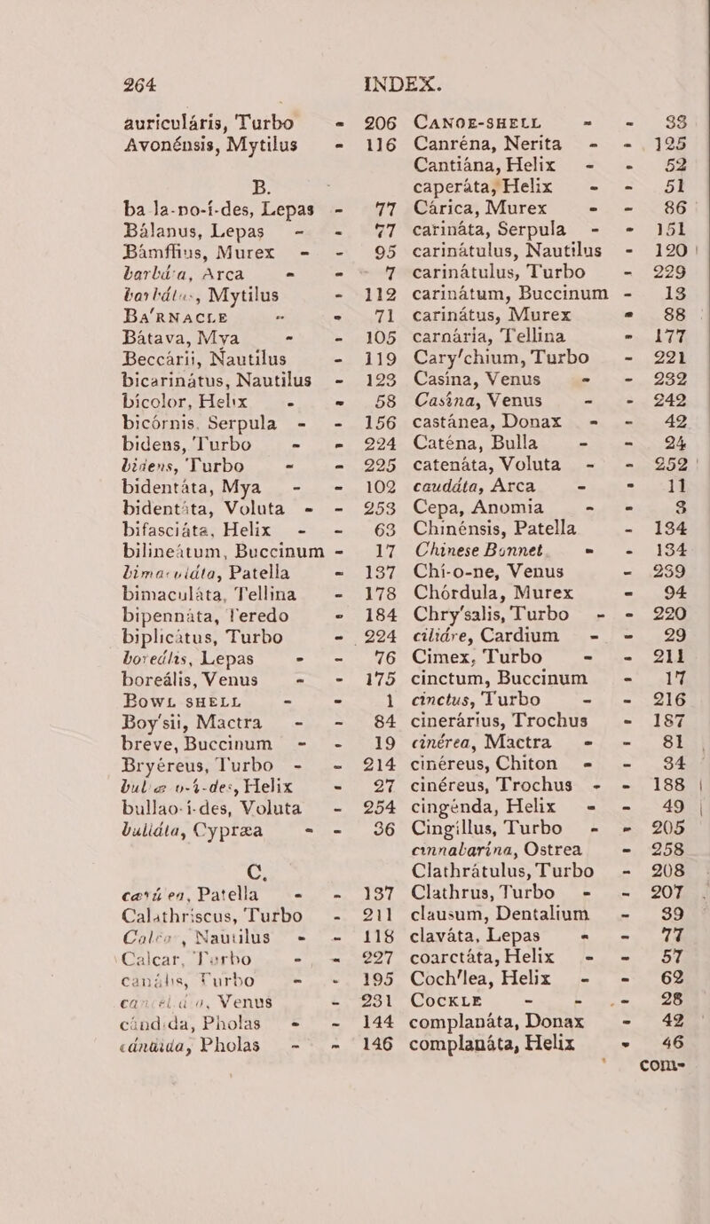 auricularis, Turbo Avonénsis, Mytilus B. ba la-no-i-des, Lepas Balanus, Lepas - Bamffius, Murex - barlia, Arca - barhdtu:, Mytilus Ba’RNACLE Batava, Mya - Beccarii, Nautilus bicarinatus, Nautilus bicolor, Helix . bicornis. Serpula - bidens, ‘Turbo - bidens, ‘Turbo - bidentata, Mya - bidentita, Voluta - bifasciata, Helix - bilineAtum, Buccinum bima:vidta, Patella bimaculata, Tellina bipennata, Veredo biplicatus, Turbo boredlas, Lepas - borealis, Venus - Bow. sHELL - Boy'sii, Mactra - breve, Buccinum - Bryéreus, Turbo - bul'a v-t-de:, Helix bullao-i-des, Voluta bulidia, Cyprea - LEN cart ea, Patella - Calathriscus, Turbo Caleo, Navuulus + Calear, Terbo . canglis, Turbo ~ cancél.da, Venus candida, Pholas « cdnaida, Pholas” =~ 206 CANOE-SHELL ~ 116 Canréna, Nerita - Cantiana, Helix - caperata, Helix - 47 Carica, Murex - 77 carinata, Serpula - 95 carinatulus, Nautilus - 7 carinatulus, Turbo 112 carinatum, Buccinum 71 carinatus, Murex 105 carnaria, Tellina 119 Cary’chium, Turbo 123 Casina, Venus - 58 Casina, Venus - 156 castanea, Donax - 224 Catena, Bulla - 225 catenata, Voluta - 102 cauddta, Arca ~ 253 Cepa, Anomia - 63 Chinénsis, Patella 17 Chinese Bannet « 137 Chi-o-ne, Venus 178 Chordula, Murex 184 Chry’salis,Turbo - 224 cilidre,Cardium= = 76 Cimex, Turbo - 175 cinctum, Buccinum 1 cinctus, Turbo ~ 84 cinerarius, Trochus 19 cinérea, Mactra - 214 cinéreus, Chiton - 27 cinéreus, Trochus - 254 cingénda, Helix « 36 Cingillus, Turbo - cinnalarina, Ostrea Clathratulus, Turbo 137 Clathrus, Turbo - 211 clausum, Dentalium 118 clavata, Lepas * 997 coarctata,Helix - 195 Coch/lea, Helix - 231 CocKLE - - 144 complanata, Donax 146 complanata, Helix