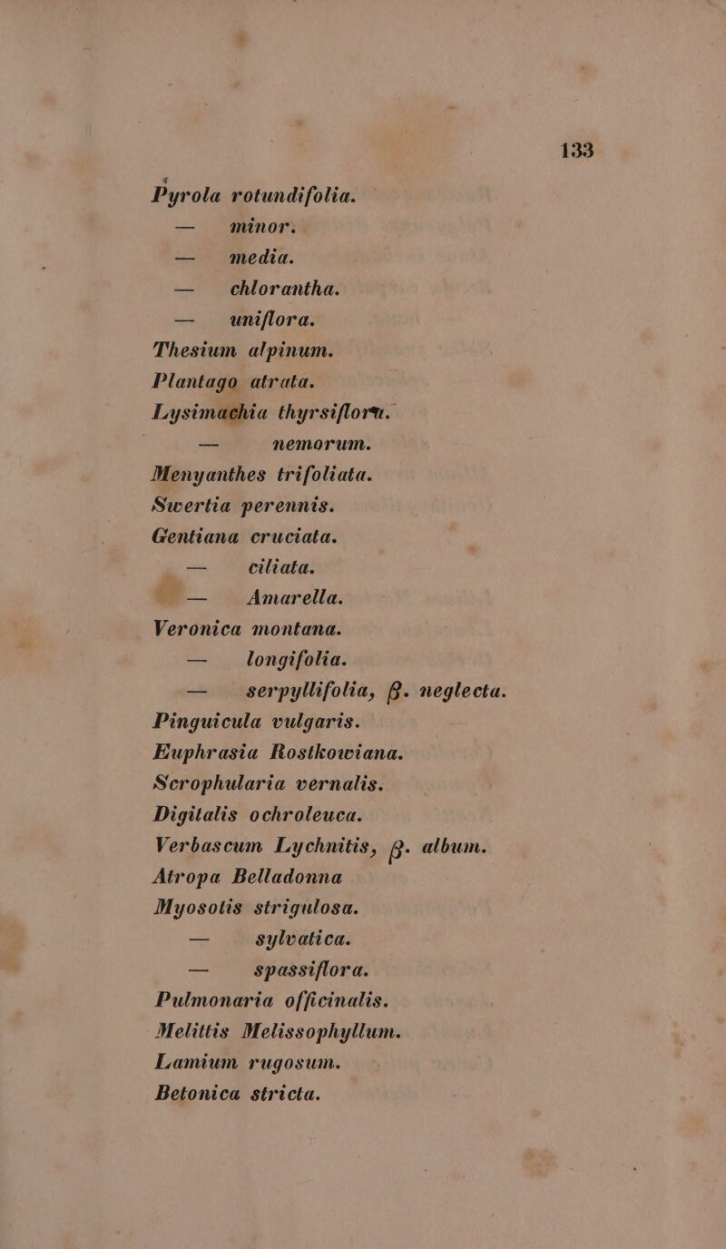 Pyrola rotundifolia. — minor. — media. — chlorantha. — uniflora. Thesium alpinum. Plantago atrata. Lysimachia thyrsiflorn. — nemorum. Menyanthes trifoliata. Swertia perennis. Gentiana cruciata. _— ¢iltata. — Amarella. Veronica montana. — longifolia. — serpyllifolia, B. neglecta. Pinguicula vulgaris. Euphrasia Rostkowitana. Scrophularia vernalis. Digitalis ochroleuca. Verbascum Lychnitis, p- album. Atropa Belladonna Myosotis strigulosa. = sylvatica. — spassiflora. Pulmonaria officinalis. Melittis Melissophyllum. Lamium rugosum. Betonica stricta.