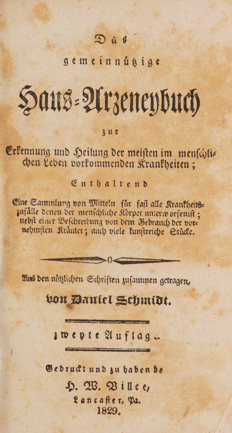 gemeinnützige N * Haus⸗Atzeneybuch zur. Erkennung und Heilung der meiften im menſchli⸗ chen Leben vorkommenden Krankheiten; Eine Sammlung von Mitteln für faſt alle Krankheits⸗ | zufälle denen der menſchliche Körper unterworfenift, nebſt einer Beſchreibung von dem Gebrauch der vor nehmſten Kräuter; auch viele kunſtreiche Stucke. 25 — . ñ— Ban den nöͤtzlichen Schriften zuſammen getragen, von Dautel Schmidt. zer ET jwepte Auflage. ö —— a Gedruckt und zu haben be Lancaſter, Pa. | 1829, 7