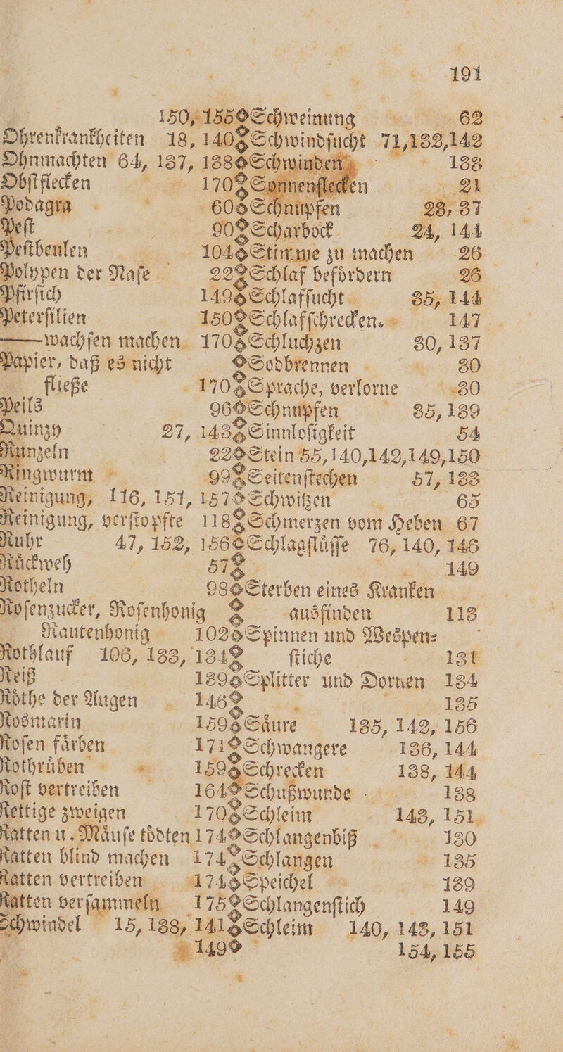 * Ohrenkrankheiten 18, Ohnmachten 64, 187, ae heſtbeunlen en der Naſe Pfirsich Peterſilien — wachſen machen Papier, daß es nicht fließe 4 > 27, ungen Ringwurm Reinigung, 116, 151, Reinigung, verſtopfte Ruhr 47, 152, Ruͤckweh Rotheln Rautenhonig Rothlauf 106, 183, Reiß Rothe der Augen 191 1408 Schwindſucht 71,182,142 1888 Schwinden 133 © 21 60S Schnupf 23,87 905 Scharbock 24, 144 1045 Stimme zu machen 26 223 Schlaf befoͤrdern 28 1495 Schlafſucht 85, 144 1502 Schlafſchrecken. 147 1705 Schluchzen 80, 187 Sodbrennen „ 1705 Sprache, verlorne 30 968 Schnupfen 335189 1438 Sinnloſigkeit 54 229 Stein 55,140,142,149,150 998 Seitenſtechen 57,188 157 Schwitzen 65 1188 Schmerzen vom Heben 67 1568 Schlagfluͤſſe 76, 140, 146 8 149 98 Sterben eines Kranken ausfinden 1025 Spinnen und Wespen⸗ 1818 ſtiche 131 1895 Splitter und Dornen 184 146% 5 135 113 Rosmarin 1598 Säure 185, 142, 156 Roſen faͤrben 1718 Schwangere 136, 144 Rothruͤbenn 15% Schrecken 138, 144 Roſt vertreiben 1648 Schußwunde 188 Rettige zweigen 1 708 Schleim 143, 151, Ratten Maͤuſe tödten I 749 Schlangenbiß 130 Ratten blind machen 174, Schlangen 1385 Ratten vertreiben 1745 Speichel 139 Ratten verſammeln 1 75 Schlangenſtich 149 Schwindel 15, 188, 1418 Schleim 140, 143, 151 Be 1498 154,165