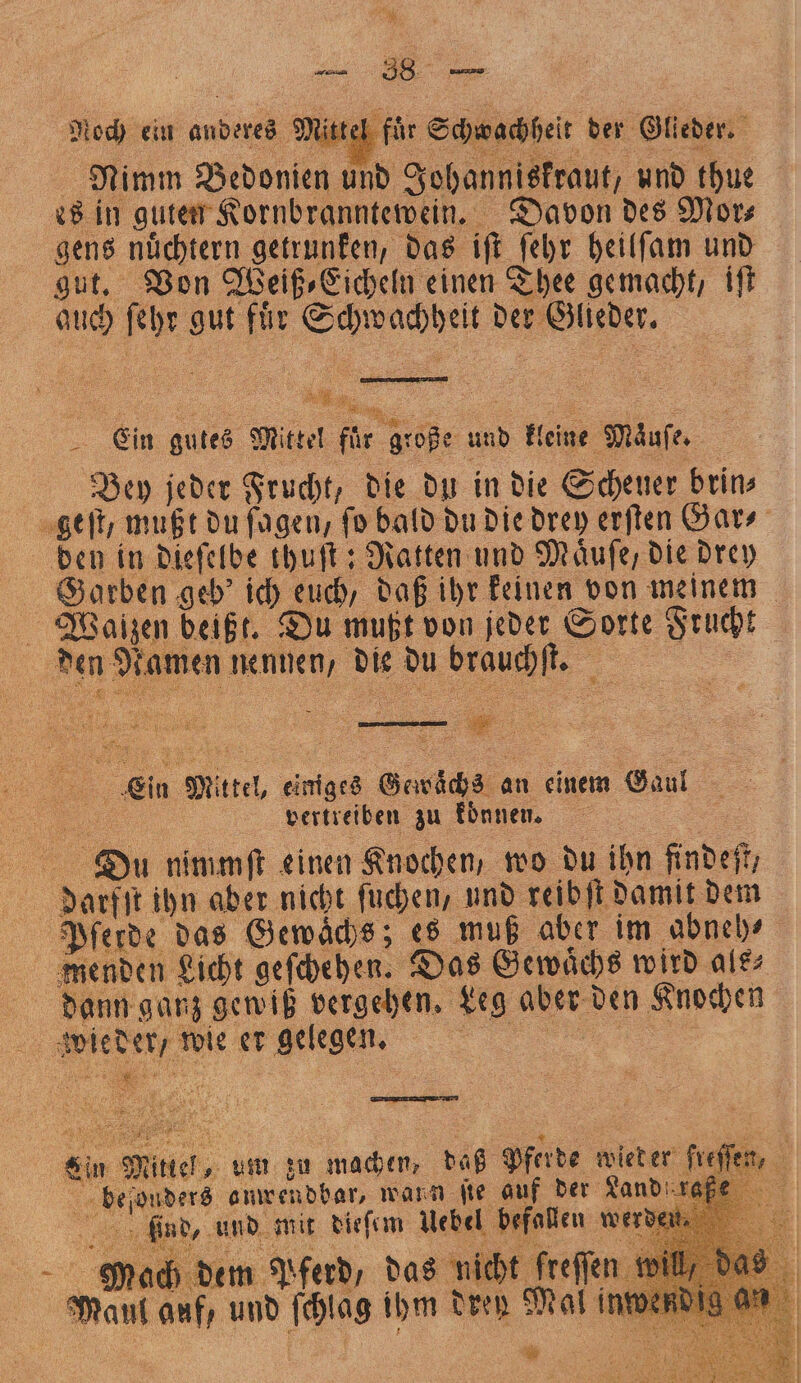 Noch ein anderes Mitt für S chwachheit der Glieder. Nimm Bedonien und Johanniskraut, und thue es in g uten Kornbranntewein. Davon des Mor⸗ gens nüchtern getrunken, das iſt ſehr heilſam und gut. Von Weiß, Eicheln einen Thee gemacht, iſt auch ſehr gut fuͤr Schwachheit der Glieder. Ein gutes Mittel für große und kleine Maͤuſe. Bey jeder Frucht, die du in die Scheuer brin⸗ mußt von jeder Sorte Frucht . vertreiben zu konnen. 15 Du nimmſt einen Knochen, wo du ihn findet, u Pferde das Gewaͤchs; es muß aber im abneh⸗ Das Gewaͤchs wird als⸗ * N ein Mittel, um zu machen, daß Pferde wieder ſreſſen, a beſonders anwendbar, wann Me guf der Lander find, und mit dieſem Uebel befallen wer b dem Pf erd, das nicht kreſſen | anf, und ſchlag ihm drey Mal ing = * aa NS N au * ) A Maul