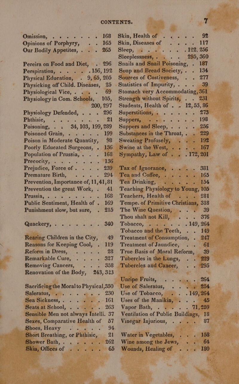 168 165 265 Omission, . »« « + + © « Opinions of Porphyry, . . Our Bodily Appetites,. . . Pereira on Food and Diet, 296 Perspiration, . . . . 156,192 Physical Education, 9, 65, 205 Physicking off Child. Diseases, 25 Physiological Vice,. . . . 69 Physiology in Com. Schools, 105, Physiology Defended, . . . PAIGE 8 ia ae, a can Pee Poisoning, . . 34, 103, 199, 289 Poisoned Grain, . . . 199 Poison in Moderate Quantity, 98 Poorly Educated Surgeons, . 136 Population of Prussia, . 168 RI CCQOUY; ea tay sia hve 136 Prejudice, Force of . 239 Premature Birth, 294 Prevention, Importance of, 11,41, 81 Prevention the great Work, . 41 PUR, iejiic. Teo vie 168 Public Sentiment, Health of . 169 Punishment slow, but sure, 215 Quackery, . . 2. 2. . 340 Rearing Children in the City, 49 Reasons for Keeping Cool, , 119 Reformin Dress, . ... 28 Remarkable Cure, 327 Removing Cancers, . . 358 Renovation of the Body, 243, 323 Sacrificing the Moral to Physical ,350 Saleratus, Page, . . he 230 Sea Sickness,. . ... 161 Seats at School, . 263 Sensible Men not always Intelli. 37 Sexes, Comparative Health of 57 Shoes,Heavy ..... 94 Short Breathing, or Phthisic, 21 Shower Bath,. . .. . 262 Skin, Healthof ... . 92 Skin, Diseasesof . .. . IT Sleep, . 122, 256 Sleeplessness,. . . . 295,360 Snails and Snail Poisoning, . 187 Soup and Bread Society,. . 134 Sources of Costiveness, 277 Statistics of Impurity,. . . 39 Stomach very Accommodating, 361 Strength without Spirits, . 231 Students, Health of . . 12,53, 86 Superstitions, . ... . 273 Supperyeiet st. + 8) } 198 Suppers and Sleep, . . . . 256 Substances in the Throat,. . 229 Sweating Profusely, . . 192 Swine at the West, .. . 167 Sympathy, Law of . . . 172,201 Tax of Ignorance, . . . 381 Tea and Coffee, . . . . . 165 Tea Drinking, - so. . .). 154 Teaching Physiology to Young, 105 Teachers, Healthof . . 281 Tempe. of Primitive Christians, 318 The Wine Question, .. . 39 Thou shalt not Kill, . 376 Tobacco, . 149, 264 Tobacco and the Teeth, 149 Treatment of Consumption, . 247 Treatment of Jaundice, . . 61 True. Basis of Moral Reform, 39 Tubercles in the Lungs, . eno Tubercles and Cancer, . . 298 Unripe Fruits, . . ... . 264 Use of Saleratus, . . . 4 254. Use of Tobacco, . . 149, 264 Uses of the Manikin, . . 45 Vapor Bath, . . - 11,259 Ventilation of Publie Buildings, 18 Vinegar Injurious, . . . . 87 Water in Vegetables, . 158 Wine among the Jews, . . 64