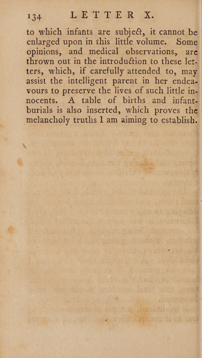 to which infants are subject, it cannot be enlarged upon in this little volume. Some opinions, and medical observations, are thrown out in the introduétion to these let- ters, which, if carefully attended to, may assist the intelligent parent in her endea- vours to preserve the lives of such little in- nocents. A table of births and infant. burials is also inserted, which proves the melancholy truths I am aiming to establish.