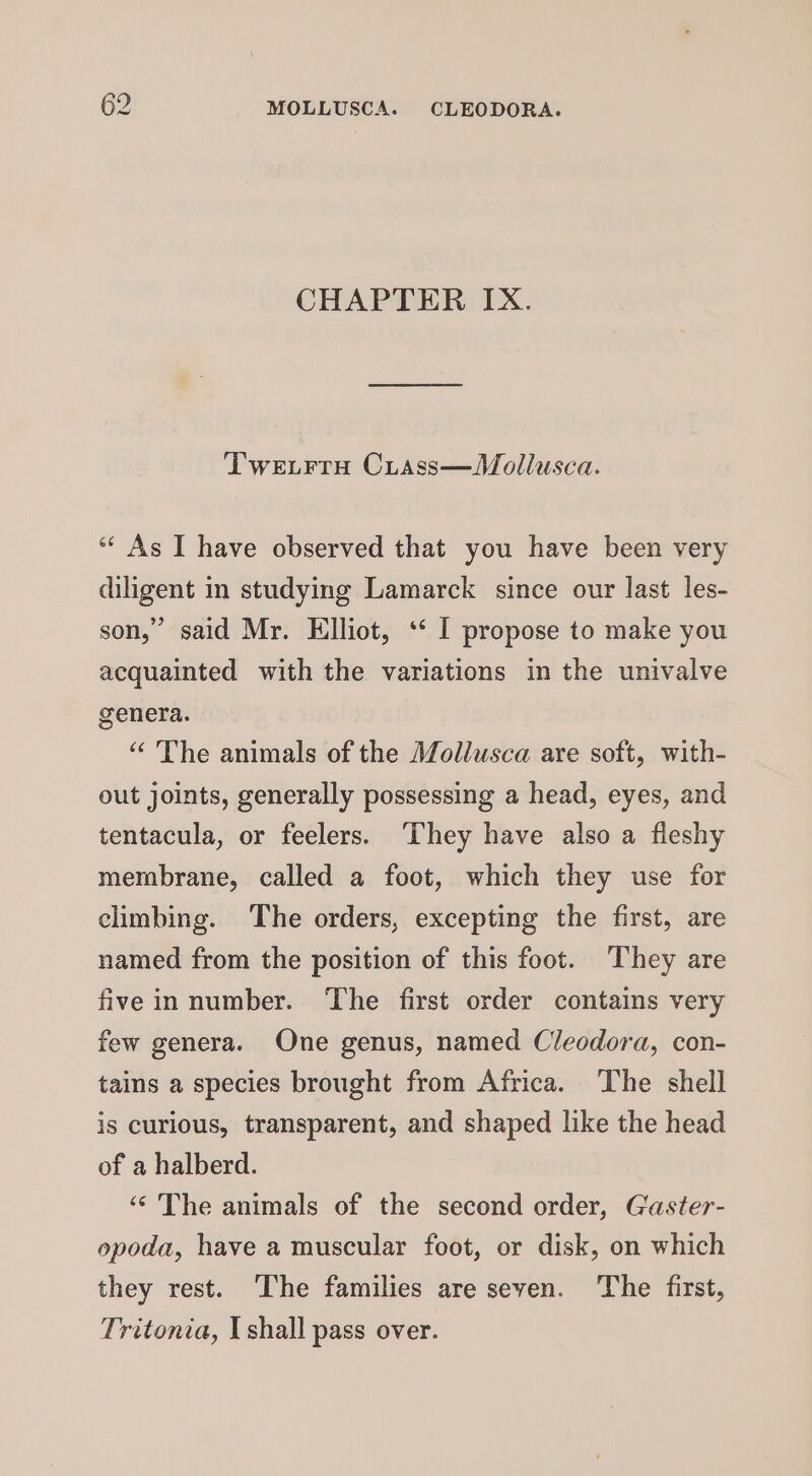 CHAPTER IX. Tweurru Ciass—Mollusca. ** As I have observed that you have been very diligent in studying Lamarck since our last les- son,” said Mr. Elliot, ‘‘ I propose to make you acquainted with the variations in the univalve genera. ‘“ The animals of the Mollusca are soft, with- out joints, generally possessing a head, eyes, and tentacula, or feelers. ‘They have also a fieshy membrane, called a foot, which they use for climbing. The orders, excepting the first, are named from the position of this foot. They are five in number. The first order contains very few genera. One genus, named Cleodora, con- tains a species brought from Africa. The shell is curious, transparent, and shaped like the head of a halberd. ‘‘ The animals of the second order, Gaster- opoda, have a muscular foot, or disk, on which they rest. The families are seven. The first, Tritonia, I shall pass over.