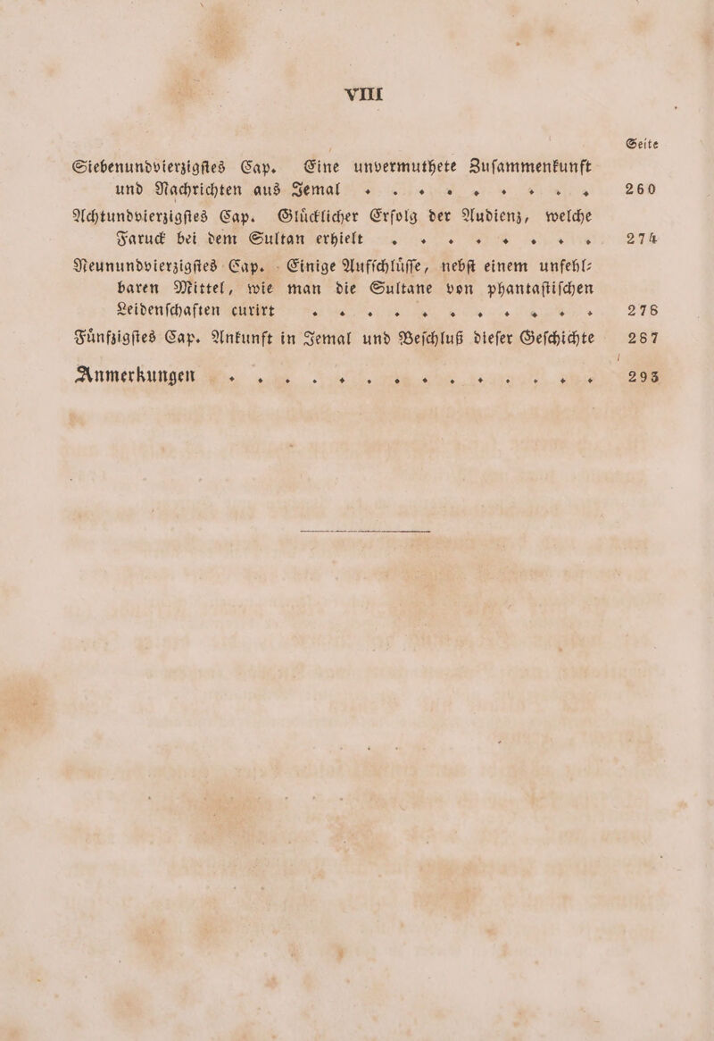 Siebenundvierzigſtes Cap. Eine unvermuthete Zuſammenkunft und Nachrichten aus Jemaalllll!c«ccc Achtundvierzigſtes Cap. Gluͤcklicher Erfolg der Audienz, welche Faruck bei den Sulign erhie rt Neunundvierzigſtes Cap. Einige Aufſchluͤſſe, nebſt einem unfehl: baren Mittel, wie man die Sultane von phantaſtiſchen Leidenſchaften curirt %%% V EEE RR EN Fuͤnfzigſtes Cap. Ankunft in Jemal und Beſchluß dieſer Geſchichte „Anmerkungen 0 0 * 0 + + + * *