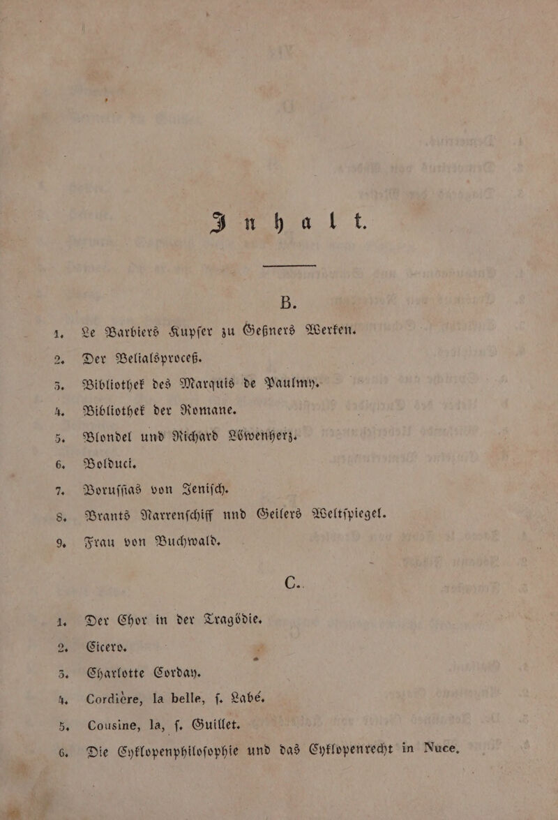 alt. B. Le Barbiers Kupfer zu Geßners Werken. Der Belialsproceß. Bibliothek des Marquis de Paulmy. Bibliothek der Romane. Blondel und Richard Löwenherz. Bolduci. Boruſſias von Jeniſch. Brants Narrenſchiff und Geilers Weltſpiegel. Frau von Buchwald. Der Chor in der Tragödie. Cicero. Charlotte Corday. Cordiere, la belle, ſ. Labé. Cousine, la, f. Guillet. Die Cyklopenphiloſophie und das Eyklopenrecht in Nuce,