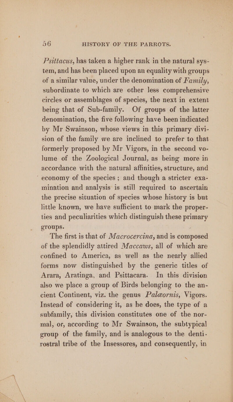 Psittacus, has taken a higher rank in the natural sys- tem, and has been placed upon an equality with groups of a similar value, under the denomination of Family, subordinate to which are other less comprehensive circles or assemblages of species, the next in extent being that of Sub-family. Of groups of the latter denomination, the five following have been indicated by Mr Swainson, whose views in this primary divi- sion of the family we are inclined to prefer to that formerly proposed by Mr Vigors, in the second vo- lume of the Zoological Journal, as being more in accordance with the natural affinities, structure, and ' economy of the species ; and though a stricter exa- mination and analysis is still required to ascertain the precise situation of species whose history is but little known, we have sufficient to mark the proper- ties and peculiarities which distinguish these primary groups. : The first is that of Macrocercina, and is composed of the splendidly attired Maccaws, all of which are confined to America, as well as the nearly allied forms now distinguished by the generic titles of Arara, Aratinga, and Psittacara. In this division also we place a group of Birds belonging to the an- cient Continent, viz. the genus Palgornis, Vigors. Instead of considering it, as he does, the type of a subfamily, this division constitutes one of the nor- mal, or, according to Mr Swainson, the subtypica! group of the family, and is analogous to the denti- rostral tribe of the Insessores, and consequently, in NG