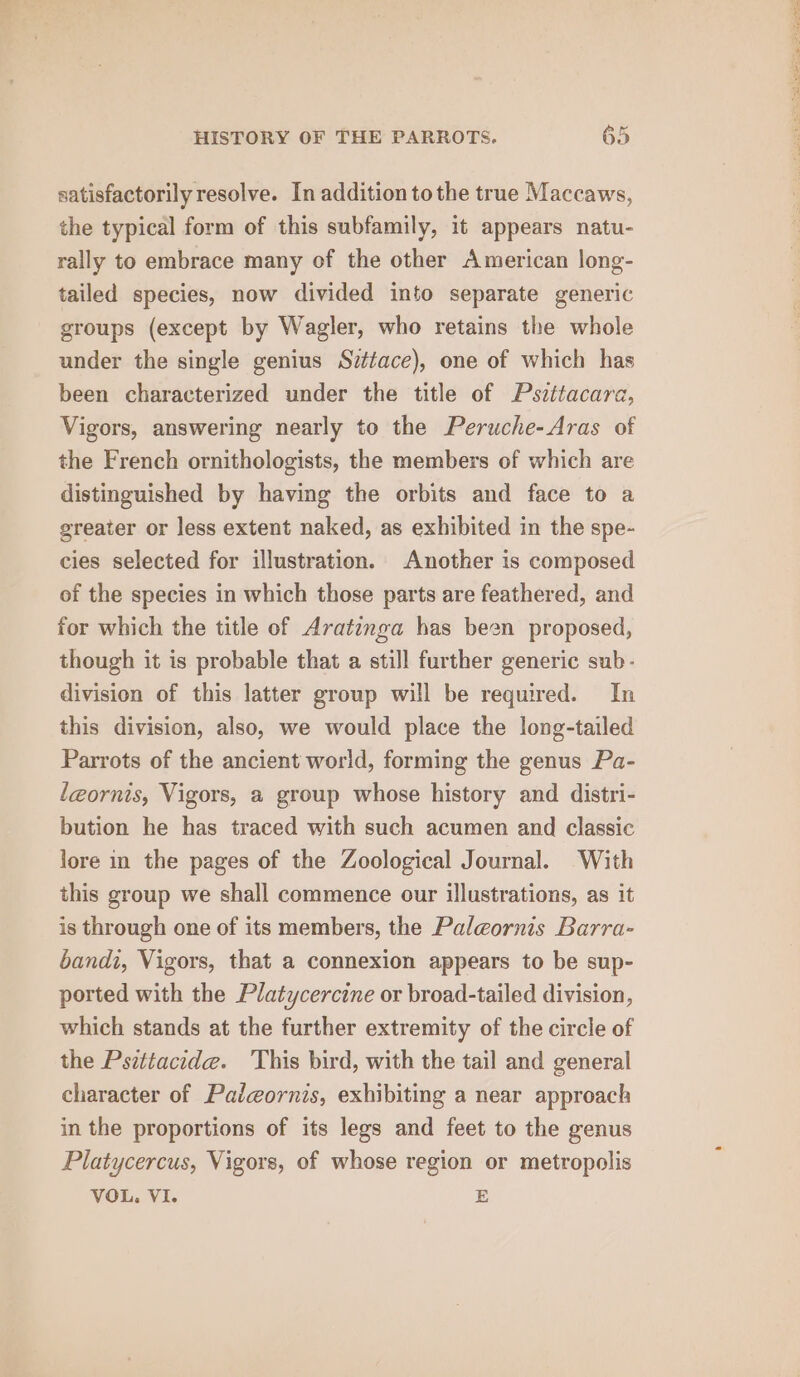 satisfactorily resolve. In addition to the true Maccaws, the typical form of this subfamily, it appears natu- rally to embrace many of the other American long- tailed species, now divided into separate generic groups (except by Wagler, who retains the whole under the single genius Stace), one of which has been characterized under the title of Pszttacara, Vigors, answering nearly to the Peruche-Aras of the French ornithologists, the members of which are distinguished by having the orbits and face to a greater or less extent naked, as exhibited in the spe- cies selected for illustration. Another is composed of the species in which those parts are feathered, and for which the title of Aratinga has been proposed, though it is probable that a still further generic sub - division of this latter group will be required. In this division, also, we would place the long-tailed Parrots of the ancient world, forming the genus Pa- leornis, Vigors, a group whose history and distri- bution he has traced with such acumen and classic lore in the pages of the Zoological Journal. With this group we shall commence our illustrations, as it is through one of its members, the Palgornis Barra- bandi, Vigors, that a connexion appears to be sup- ported with the Platycercine or broad-tailed division, which stands at the further extremity of the circle of the Psittacide. This bird, with the tail and general character of Paigornis, exhibiting a near approach in the proportions of its legs and feet to the genus Platycercus, Vigors, of whose region or metropolis VOL. VI. E os Sa ee eee