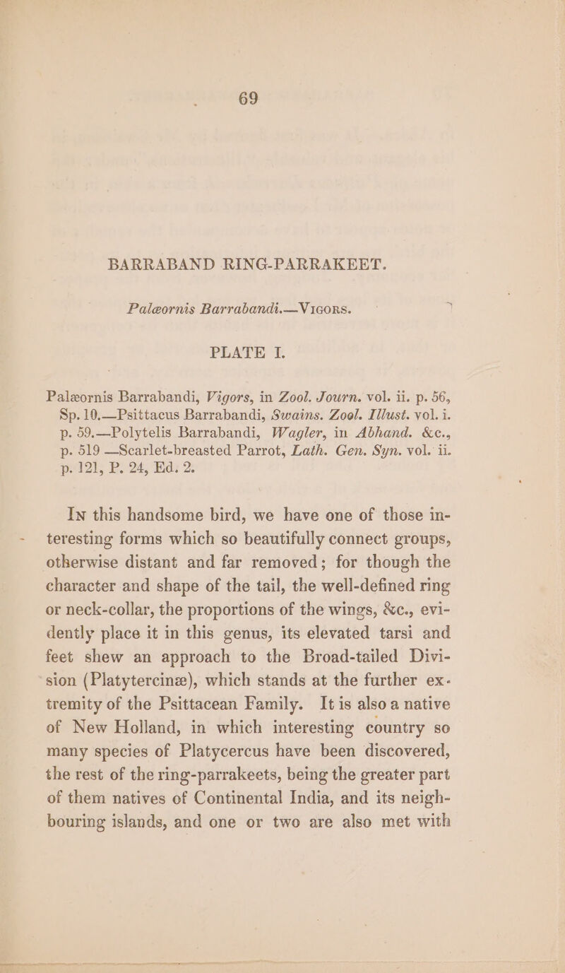 BARRABAND RING-PARRAKEET. Paleornis Barrabandi.—Vicors. PLATE I. Palezornis Barrabandi, Vigors, in Zool. Journ. vol. ii. p. 56, Sp. 10.—Psittacus Barrabandi, Swains. Zool. Illust. vol. i. p. 59.—Polytelis Barrabandi, Wagler, in Abhand. &amp;c., p. 519 —Scarlet-breasted Parrot, Lath. Gen. Syn. vol. ii. p. 121, P. 24, Ed. 2. In this handsome bird, we have one of those in- teresting forms which so beautifully connect groups, otherwise distant and far removed; for though the character and shape of the tail, the well-defined ring or neck-collar, the proportions of the wings, &amp;c., evi- dently place it in this genus, its elevated tarsi and feet shew an approach to the Broad-tailed Divi- sion (Platytercinz), which stands at the further ex- tremity of the Psittacean Family. It is also a native of New Holland, in which interesting country so many species of Platycercus have been discovered, the rest of the ring-parrakeets, being the greater part of them natives of Continental India, and its neigh- bouring islands, and one or two are also met with