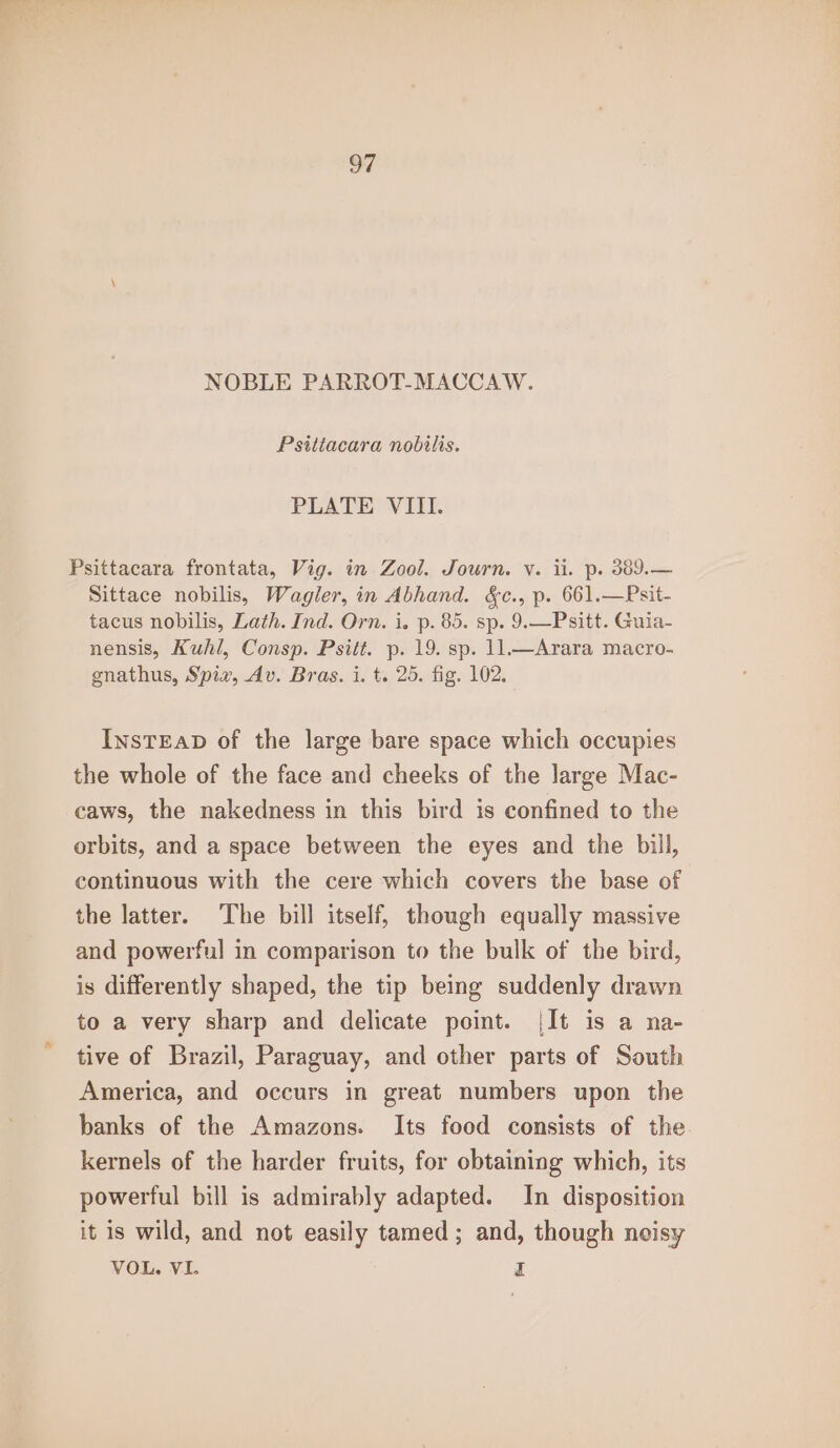 NOBLE PARROT-MACCAW. Psitiacara nobilis. PLATE VIII. Psittacara frontata, Vig. in Zool. Journ. v. ii. p. 389.— Sittace nobilis, Wagler, in Abhand. &amp;c., p. 661.—Psit- tacus nobilis, Lath. Ind. Orn. i. p. 85. sp. 9.—Psitt. Guia- nensis, Kuhl, Consp. Psitt. p. 19. sp. 11—Arara macro- enathus, Spix, Av. Bras. i. t. 25. fig. 102. InsTEaD of the large bare space which occupies the whole of the face and cheeks of the large Mac- caws, the nakedness in this bird is confined to the orbits, and a space between the eyes and the bill, continuous with the cere which covers the base of the latter. The bill itself, though equally massive and powerful in comparison to the bulk of the bird, is differently shaped, the tip being suddenly drawn to a very sharp and delicate point. {It is a na- tive of Brazil, Paraguay, and other parts of South America, and occurs in great numbers upon the banks of the Amazons. Its food consists of the. kernels of the harder fruits, for obtaining which, its powerful bill is admirably adapted. In disposition it is wild, and not easily tamed; and, though neisy VOL. VI. z