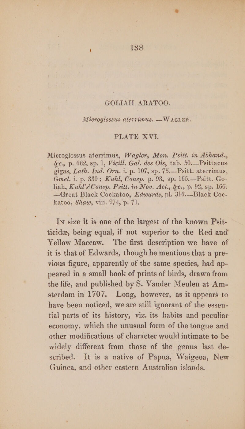 GOLIAH ARATOO. Mieroglossus aterrimus. —W AGLER. PLATE XVI. Microglossus aterrimus, Wagler, Mon. Psiit. in Abhand.. &amp;c., p. 682, sp. 1, Véeill. Gal. des Ois, tab. 50.—Psittacus gigas, Lath. Ind. Orn. i. p. 107, sp. 75.—Psitt. aterrimus, Gmel. i. p. 880; Kuhl, Consp. p. 93, sp. 165.—Psitt. Go- liah, Kuhl’s'Consp. Psiti. in Nov. Act., &amp;c., p. 92, sp. 166. —Great Black Cockatoo, Edwards, pl. 316.—Black Coc- katoo, Shaw, viii. 274, p. 71. In size it is one of the largest of the known Psit- ticidee, being equal, if not superior to the Red and Yellow Maccaw. The first description we have of it is that of Edwards, though he mentions that a pre- vious figure, apparently of the same species, had ap- peared in a small book of prints of birds, drawn from the life, and published by S. Vander Meulen at Am- sterdam in 1707. Long, however, as it appears to have been noticed, we are still ignorant of the essen- tial parts of its history, viz. its habits and peculiar economy, which the unusual form of the tongue and other modifications of character would intimate to he widely different from those of the genus last de- scribed. It is a native of Papua, Waigeoa, New Guinea, and other eastern Australian islands.