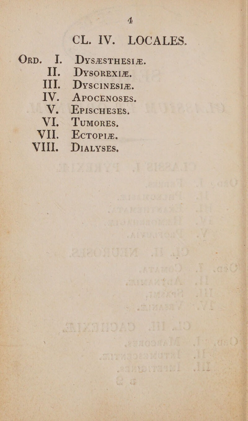 CL. IV. LOCALES. DyszsTHEsiz. Dyvsonzxus. DvsciNEsix. APOCENOSEs. EPiscutszs. 'Tuwonzs. Ecrorriz. DiaLvsEs.