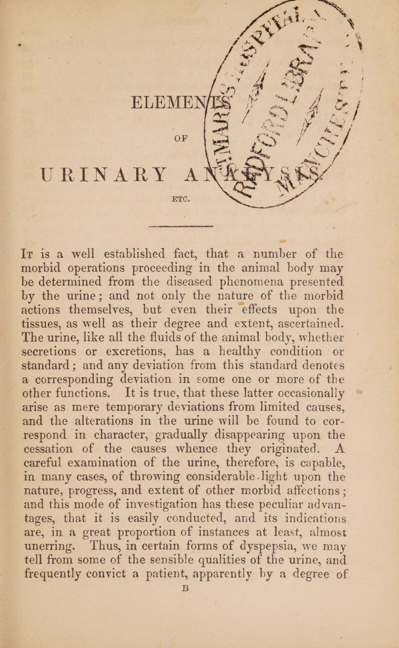 It is a well established fact, that a number of the morbid operations proceeding in the animal body may be determined from the diseased phenomena presented by the urine; and not only the nature of the morbid actions themselves, but even their effects upon the tissues, as well as their degree and extent, ascertained. The urine, like all the fluids of the animal body, whether secretions or excretions, has a healthy condition or standard; and any deviation from this standard denotes a corresponding deviation in some one or more of the other functions. It is true, that these latter occasionally arise as mere temporary deviations from limited causes, and the alterations in the urine will be found to cor- respond. in character, gradually disappearing upon the cessation of the causes whence they originated. A careful examination of the urine, therefore, is capable, in many cases, of throwing considerable-light upon the nature, progress, and extent of other morbid affections ; and this mode of investigation has these peculiar advan- tages, that it is easily conducted, and its indications are, in a great proportion of instances at least, almost unerring. Thus, in certain forms of dyspepsia, we may tell from some of the sensible qualities of the urine, and frequently convict a patient, apparently by a degree of B