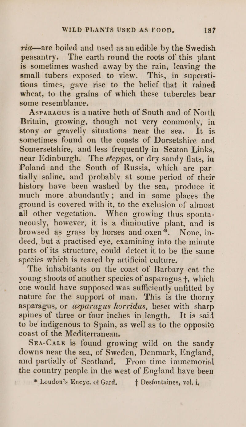 ria—are boiled and used asan edible by the Swedish peasantry. The earth round the roots of this vlant is sometimes washed away by the rain, leaving the small tubers exposed to view. This, in supersti- tious times, gave rise to the belief that it rained wheat, to the grains of which these tubercles bear some resemblance. AsparaGus is anative both of South and of North Britain, growing, though not very commonly, in stony or gravelly situations near the sea. It is sometimes found on the coasts of Dorsetshire and Somersetshire, and less frequently in Seaton Links, near Edinburgh. The steppes, or dry sandy flats, in Poland and the South of Russia, which are par tially saline, and probably at some period of their history have been washed by the sea, produce it much more abundantly; and in some places the ground is covered with it, to the exclusion of almost all other vegetation. When growing thus sponta- neously, however, it is a diminutive plant, and is browsed as grass by horses and oxen*. None, in- deed, but a practised eye, examining into the minute parts of its structure, could detect it to be the same species which is reared by artificial culture. The inhabitants on the coast of Barbary eat the young shoots of another species of asparagus +, which one would have supposed was sufficiently unfitted by nature for the support of man. This is the thorny asparagus, or asparagus horridus, beset with sharp spines of three or four inches in length. It is said to be indigenous to Spain, as well as “to the opposite coast of the Mediterranean. Sea-CaLe is found growing wild on the sandy downs near the sea, of Sweden, Denmark, England, and partially of Scotland. From time immemorial the country people in the west of England have been * Loudon’s Encye, of Gard, + Desfontaines, vol. i,